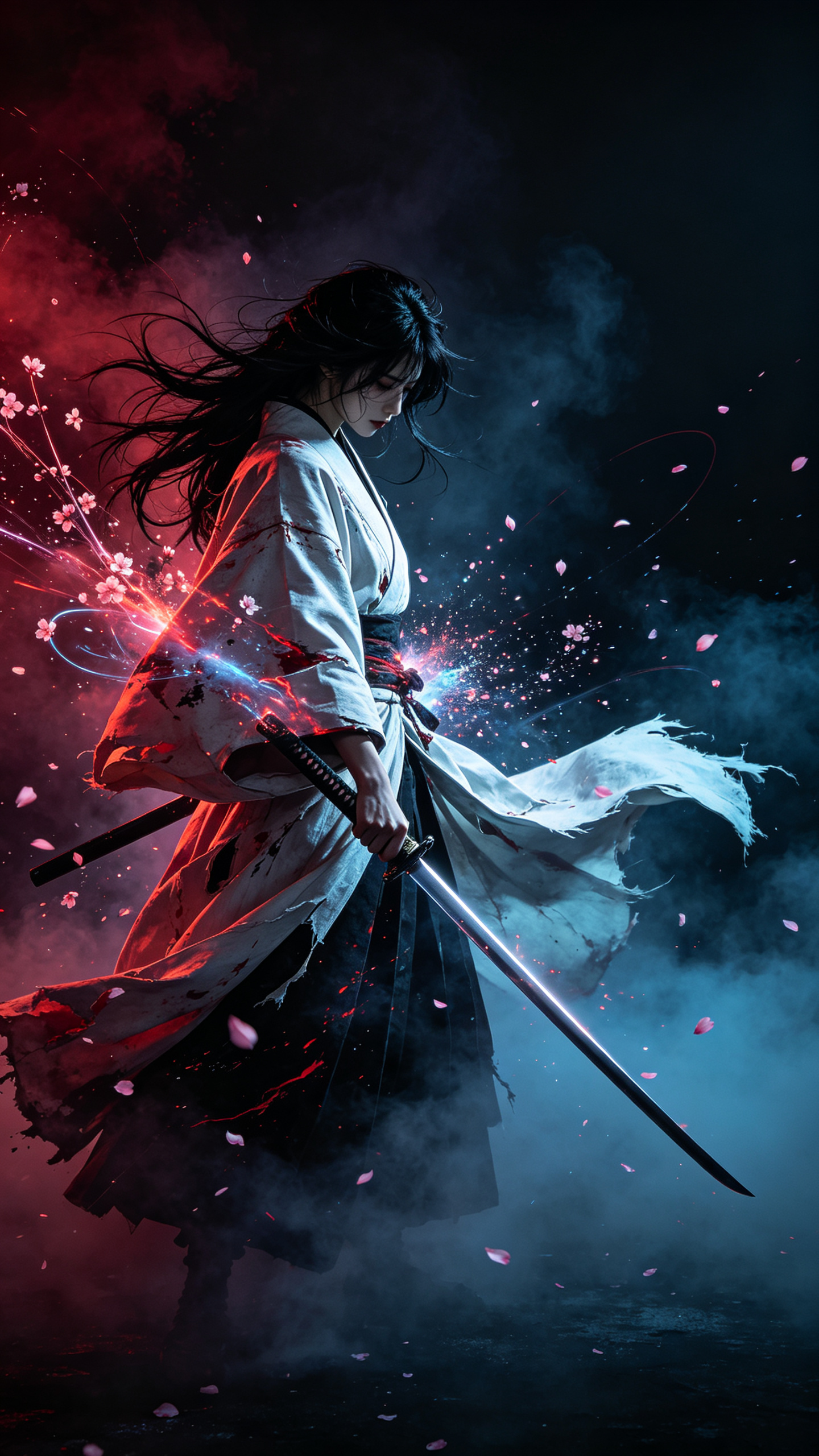 暗黑幻想风,一名孤独的和风女性剑士位于画面中央偏左,黑色长发凌乱飞舞,低头侧身,神情冷漠压抑,穿着宽大破碎的白色和服长袍,衣摆与袖袍在狂风与能量中大幅飘动。剑士单手握住一把细长武士刀,刀锋锐利修长,向画面右下方斜斩延伸… - AI提示词参考图,来自西西提示词