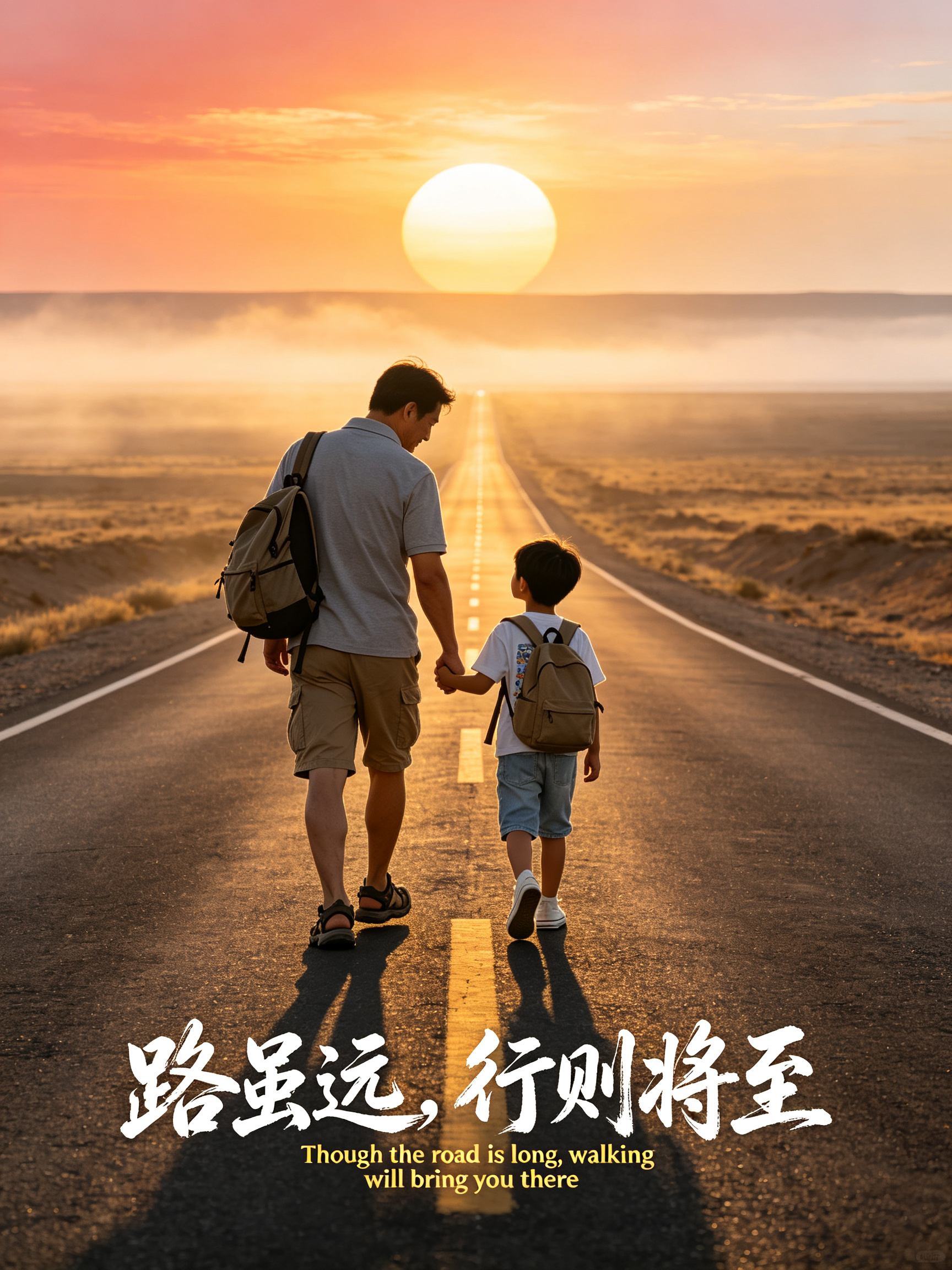 电影级写实海报设计，35mm胶片颗粒质感，宽画幅硬调晨光光影，硬朗直射朝阳光线，明暗对比强烈，锐利明暗交界线，画面展现一望无际的辽阔荒原，平整笔直沥青公路纵深延伸至地平线，地平线升腾一轮巨型暖金朝阳，轻薄晨间晨雾飘荡，… - AI提示词参考图，来自西西提示词