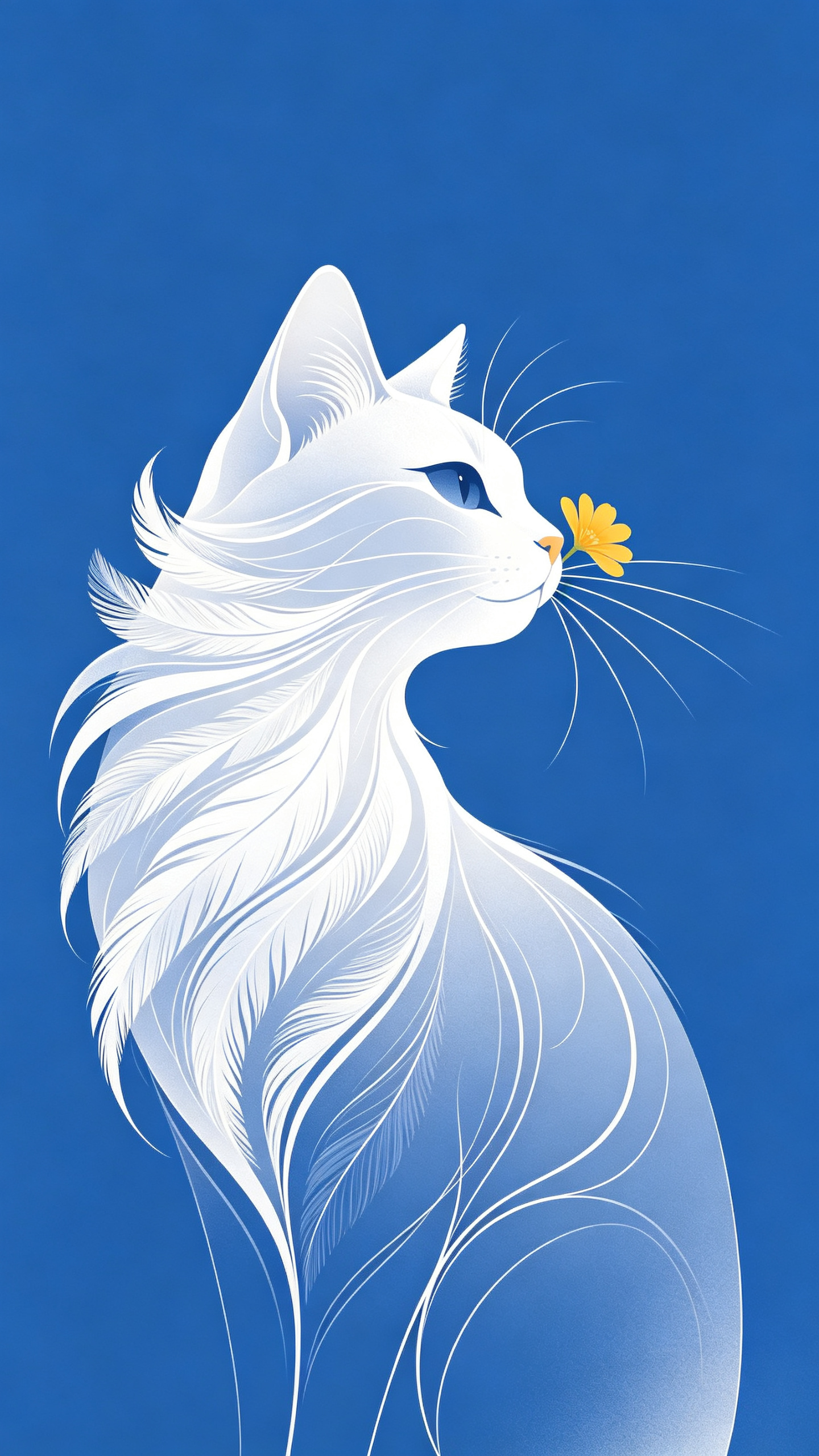 主体：抽象猫，白色流线，羽毛状线条，极简轮廓，衔花猫。 细节：黄色小花，细长胡须，动态曲线，流体线条。 环境：纯蓝背景，冷色调，留白。 风格：数字艺术，线条画，扁平，唯美意境，高清细节。 - AI prompt reference from CC Prompt Galaxy