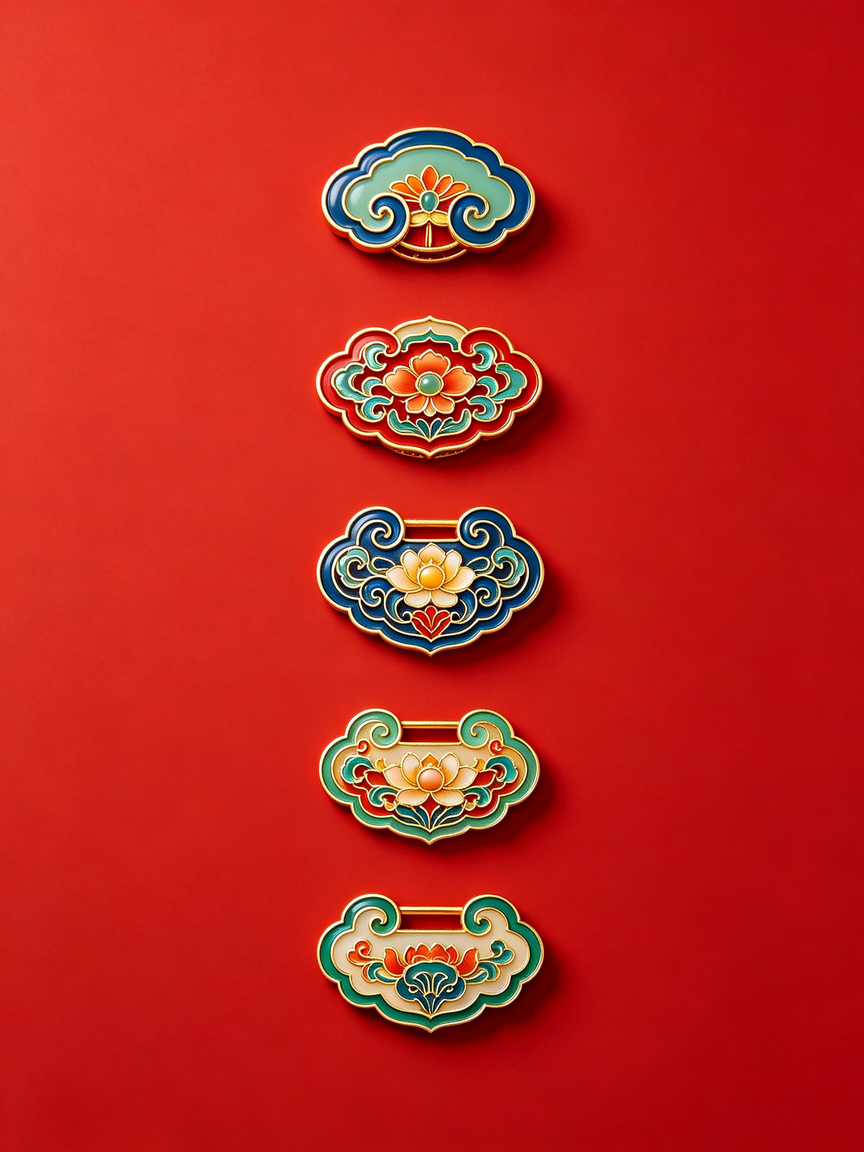 北宋的期国风如意纹样图案珠宝,极致细节,极简主义,色彩丰富,浓郁中式美学,中式宫廷配色,对比强烈,独立纹样,多个图案上下整齐排列,彩色图案,立体逼真。喜庆红色背景,居中放置,四周留白 - AI提示词参考图,来自西西提示词