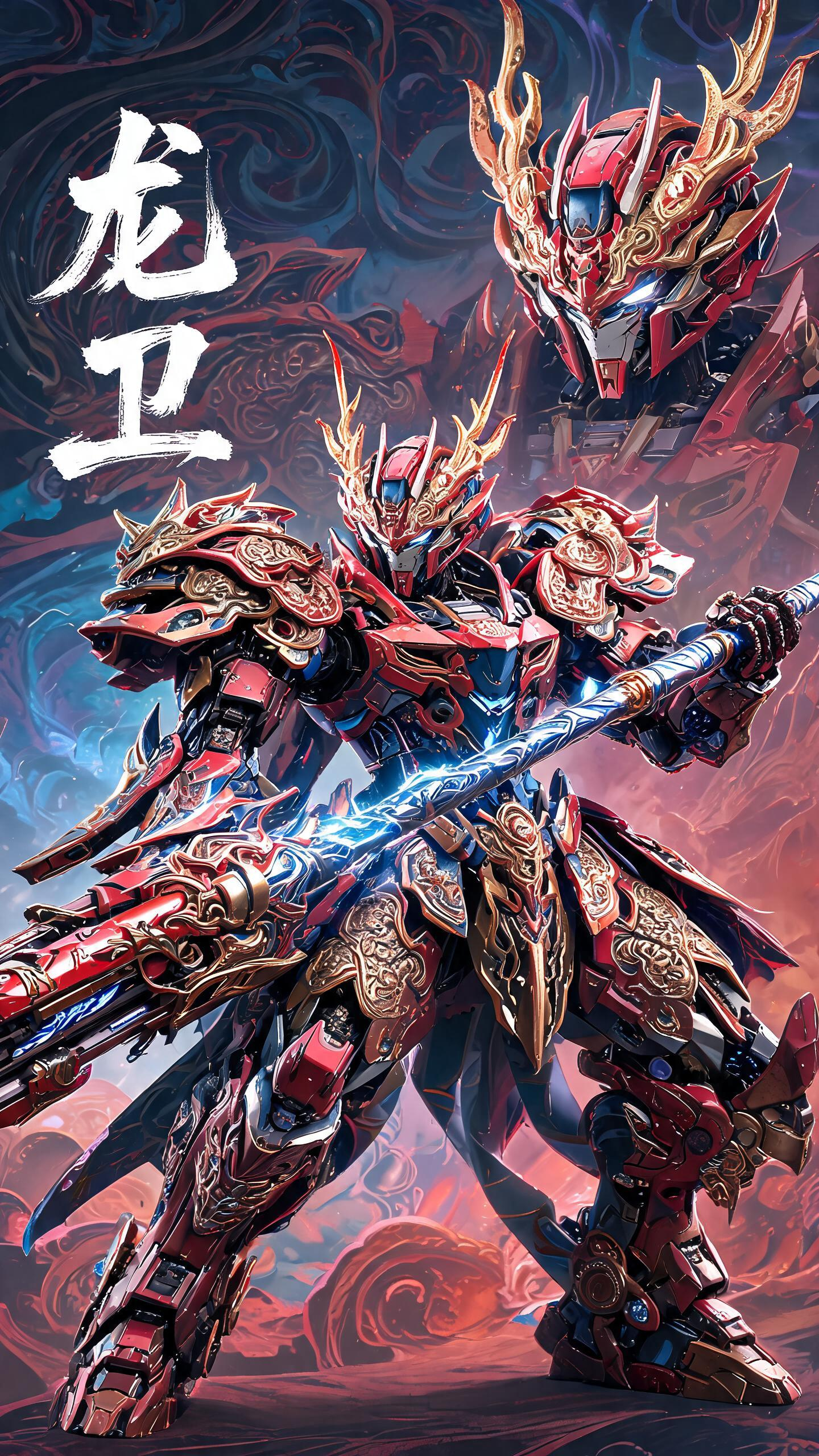 暗黑奇幻风格，东方美学，CG 艺术，魔装机神风格高达，主色：赤红金，辅色：深海蓝，点缀色：流光银，十二生肖辰龙特色，融合流线型曲线与解构主义美学，外形恢弘飘逸，线条流畅且拥有毁天灭地力量感，尊贵威严，身形修长磅礴，丰富… - AI prompt reference from CC Prompt Galaxy
