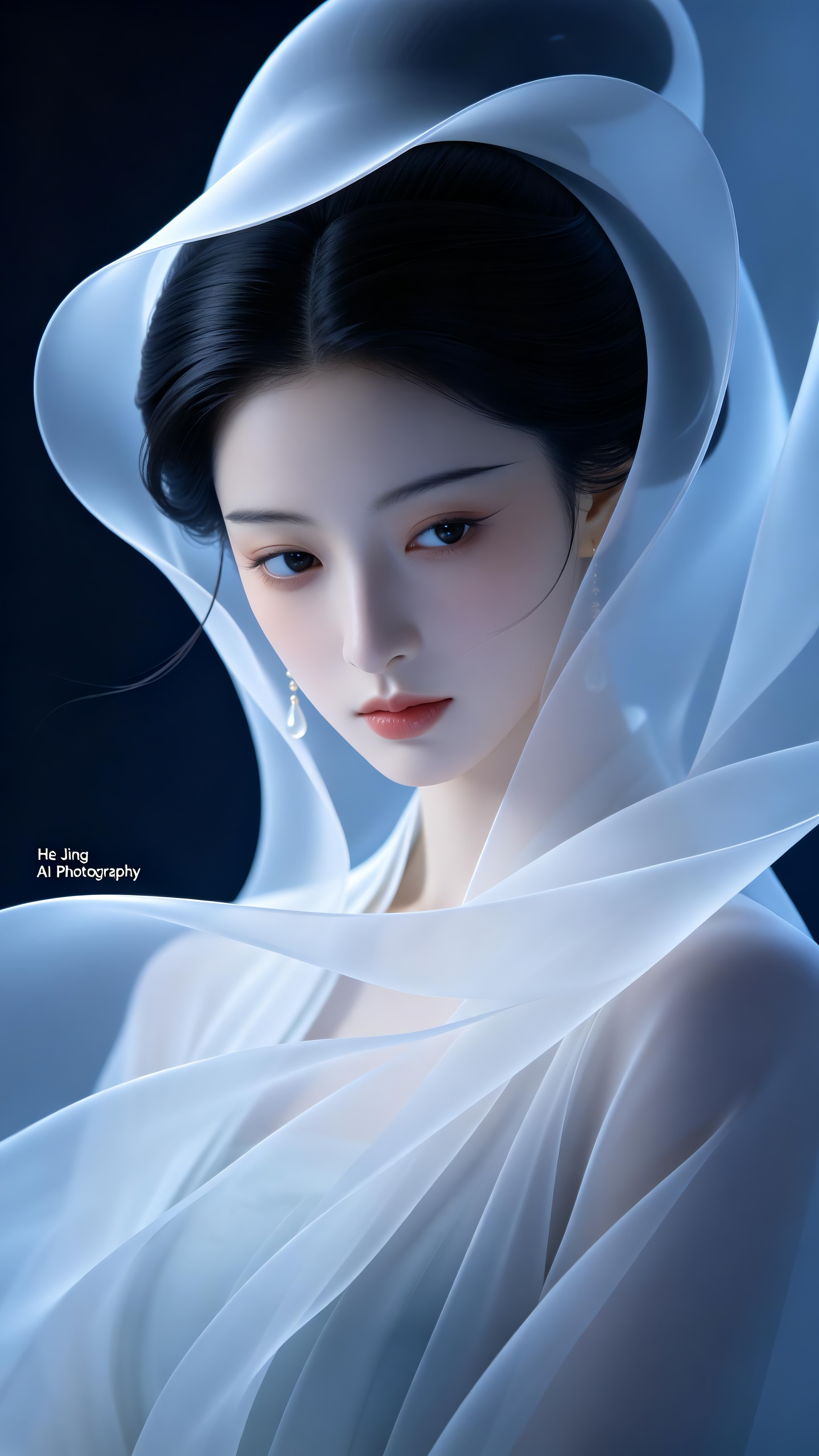 Armin Hofmann风格，一幅超高清的特写画面：在极度深蓝的背景里，形象酷似林黛玉般的柔弱，身着清初夸张抽象变形的东方神秘白纱衣，从黑暗中窥视着世界。高品质细节，超精细，高分辨率，最佳品质，C4D，32K壁纸 色… - AI提示词参考图，来自西西提示词
