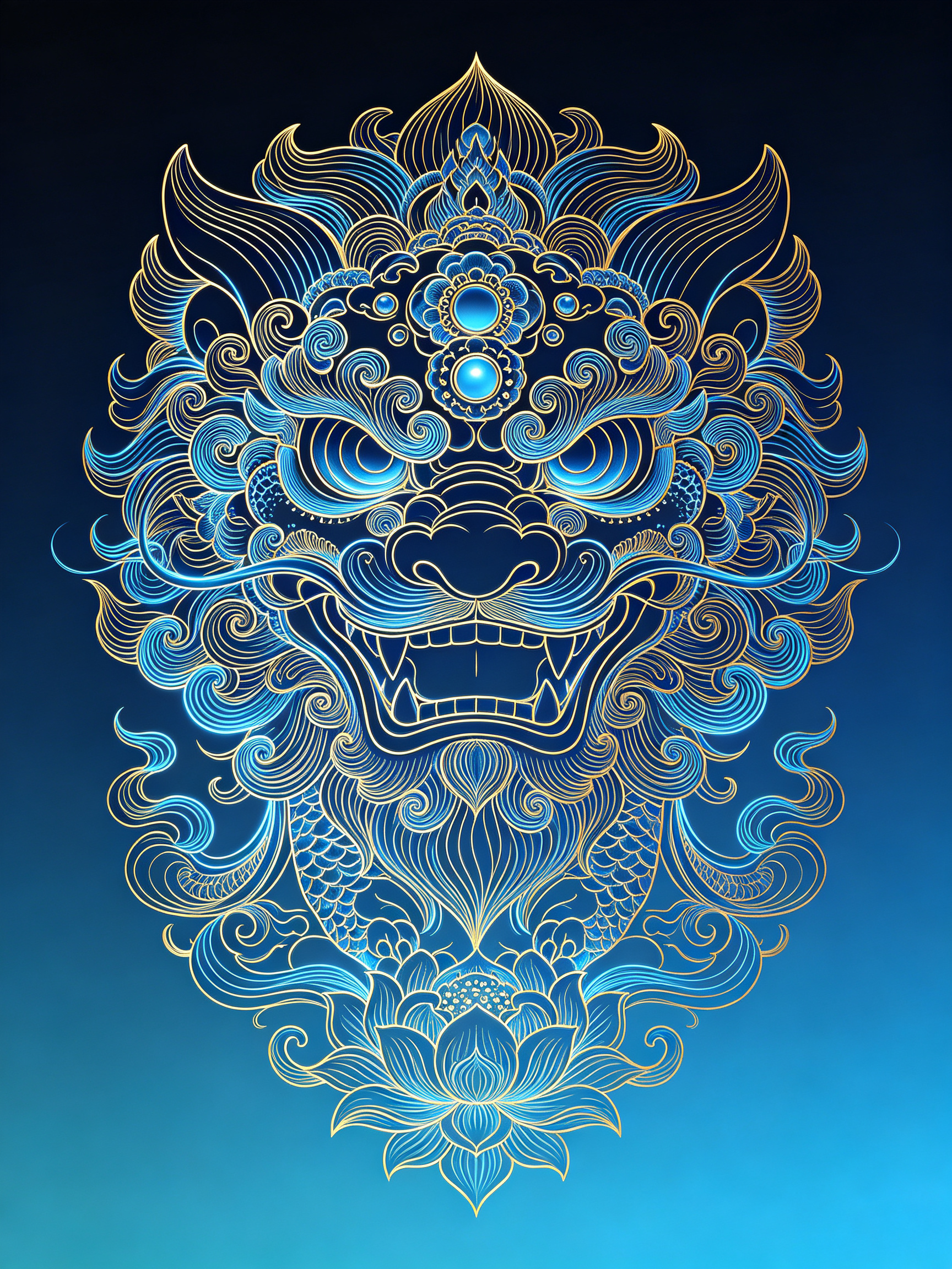 中国风插画大师杰作，国风线稿插画，抽象画风，倪传婧的风格，狮王+宝相纹，图案完整，美轮美奂，线条柔美灵动，奢华装饰艺术，中国传统纹饰，荧光蓝色线条，0.5mm极细金色金属质感勾边，高级渐变背景。中景正构图，国风奇幻流派… - AI提示词参考图，来自西西提示词