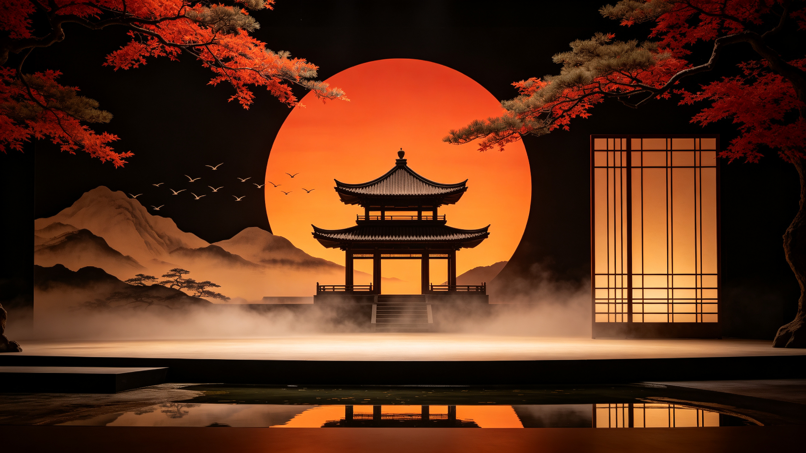 「中式古典舞台，宋式楼阁剪影，橙红落日圆幕，水墨远山飞鸟，日式格栅屏风，红枫松枝+浅水潭倒影，暖橙暗棕色调，禅意诗意戏剧感，朦胧烟雾」干净黑色背景，对称构图 - AI提示词参考图，来自西西提示词