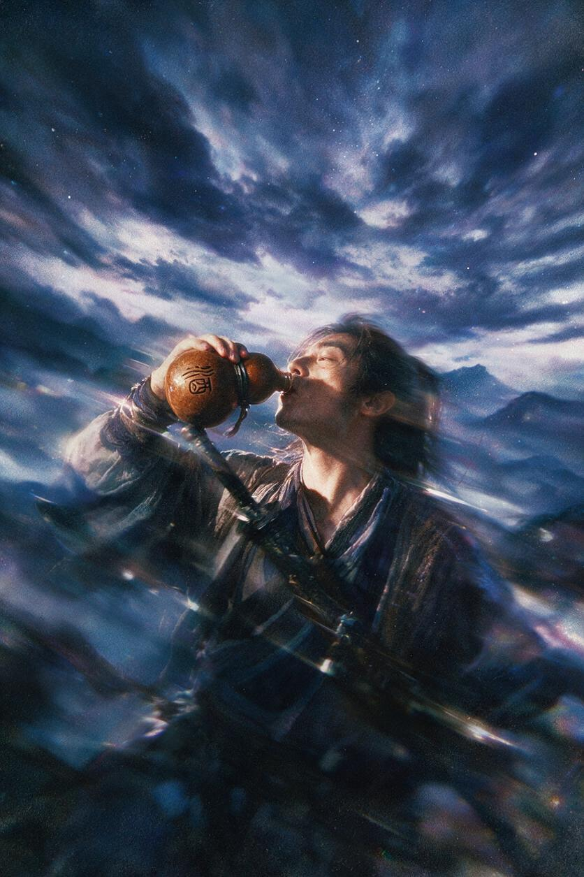 质感，肌理感，梦幻的，耀变，反射，艺术抽象，诗意的，高级，杰作，极具视觉冲击力，获奖作品，大师级配色，大师级排版，高细节，高级感，超高清，布局协调。酒剑仙单手提着酒葫芦饮酒，动态模糊强化携带速度线残影，全局朦胧模糊效果… - AI提示词参考图，来自西西提示词
