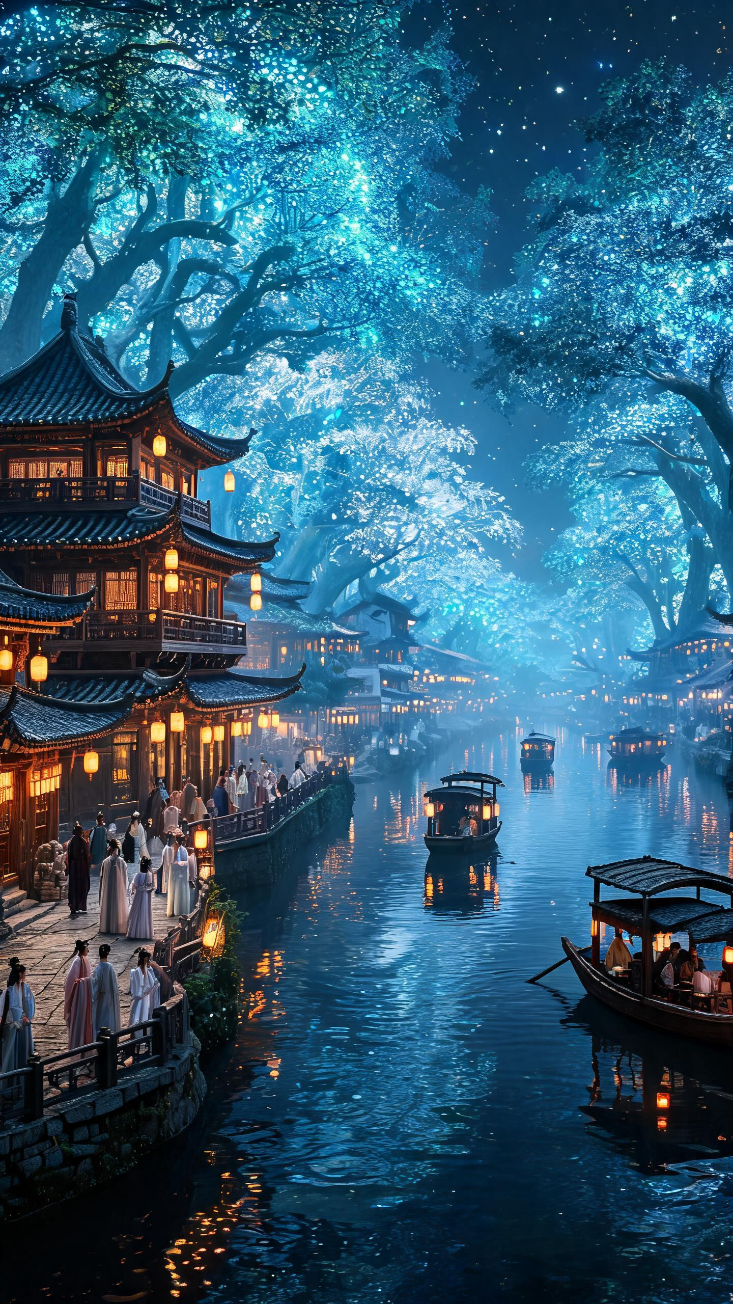 竖屏9:16，8K超清，电影级东方仙侠奇幻临水古市夜景，开阔平缓河道水面，水岸步道；左侧多层原木重檐飞檐中式临水楼阁，暖黄色灯笼灯火；成片巨型冰蓝色荧光发光阔叶参天巨树，树冠舒展，叶片闪烁星光光点，形成发光森林穹顶；身… - AI提示词参考图，来自西西提示词