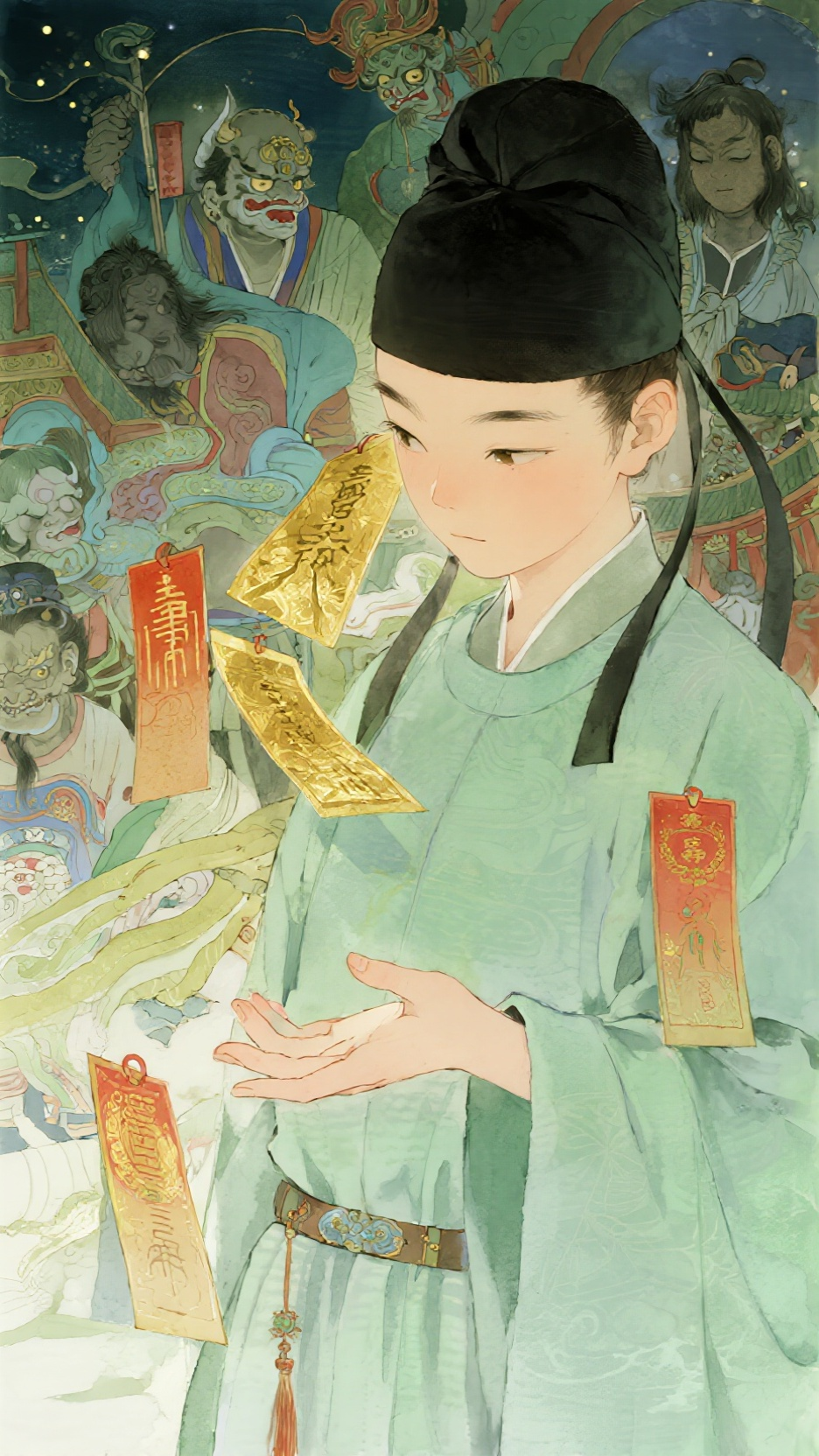 水彩画，极繁主义，极致表现力，细节完美，大师杰作。中国少年，头戴黑布幞头，身穿圆领袍，神秘夏天，长安幻夜，画面干净，色彩丰富，右手张开前伸托举数张金光符纸，群妖胆怯 - AI prompt reference from CC Prompt Galaxy
