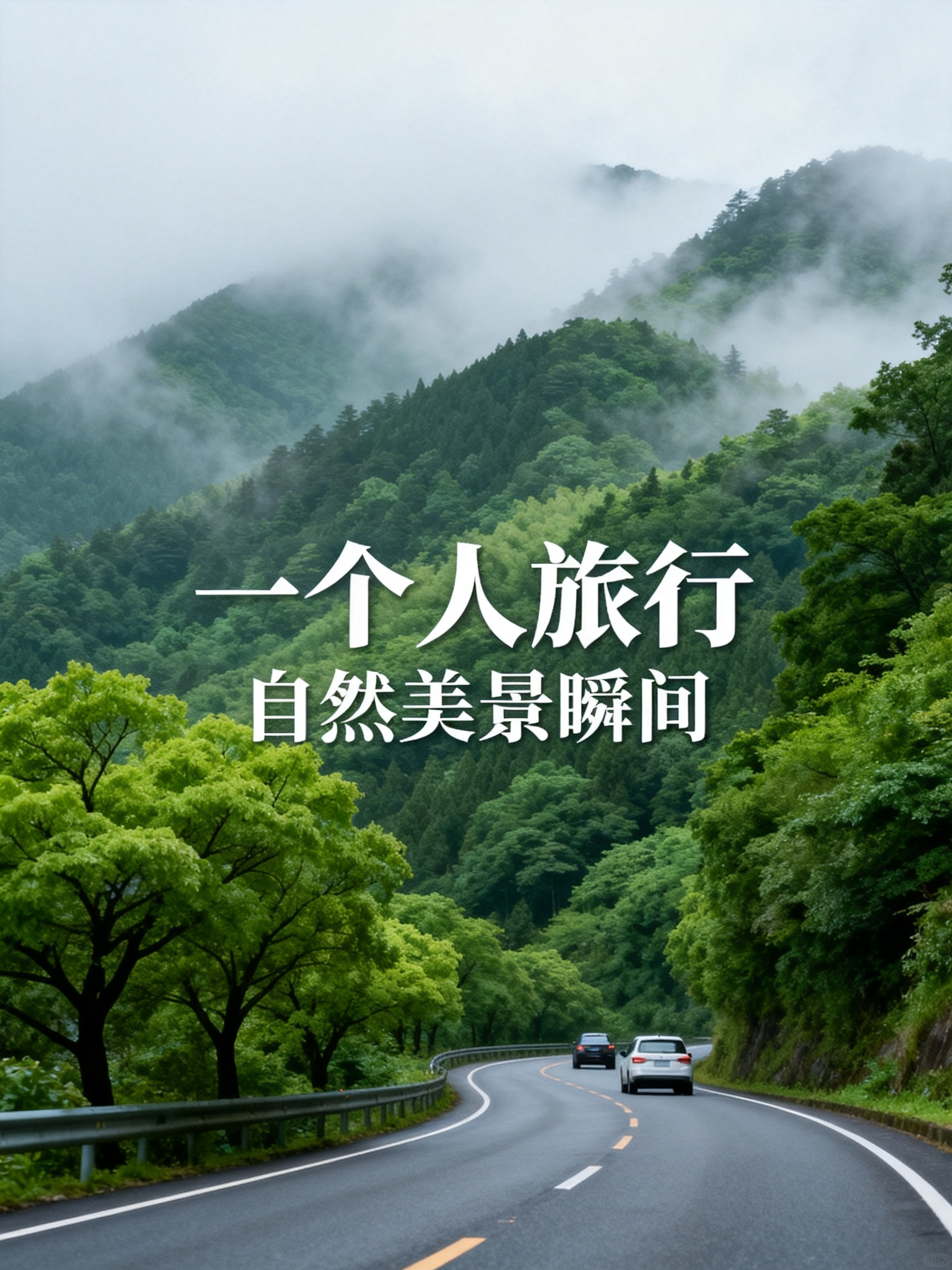 详细提示词： 拍摄一条展现户外治愈风景的公路视频，近景呈现蜿蜒公路旁的绿色树木与行驶车辆，中景刻画层层叠叠的茂密山林，远景融入缭绕雾气营造朦胧感；画面风格清新自然，以绿色调为主传递生机感，通过公路延伸增强纵深感，搭配“… - AI提示词参考图，来自西西提示词