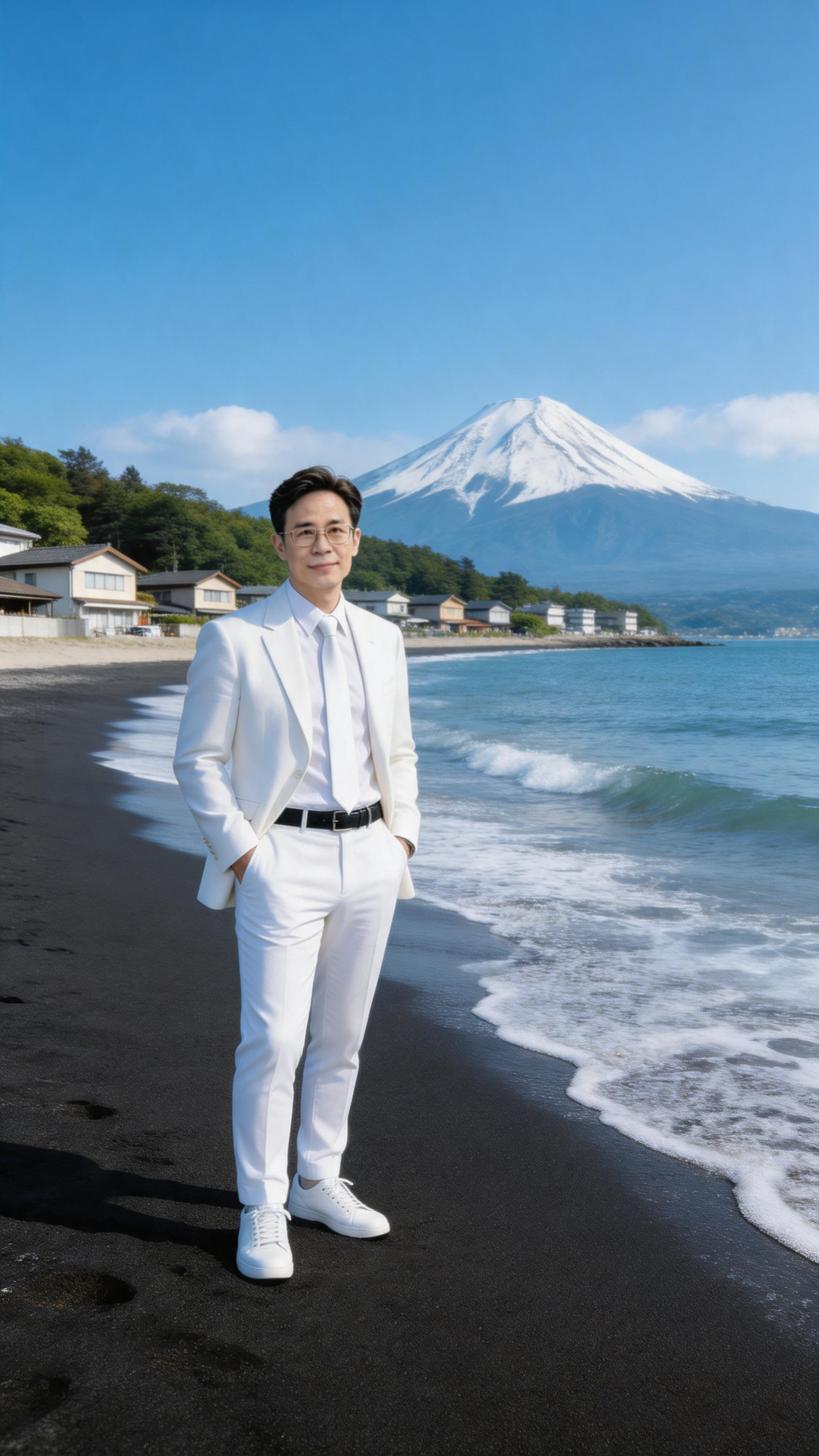 ##临海沙滩（海浪轻拍黑沙岸，后方是错落民居与茂林，远处富士山覆雪而立，晴蓝天幕衬出山海的开阔松弛感），自然盛景与海滨烟火交织出治愈氛围 人物穿白色西服白色衬衫白色领带+白色紧身西裤黑色皮带裤+白球鞋，风格休闲随性，与… - AI提示词参考图，来自西西提示词