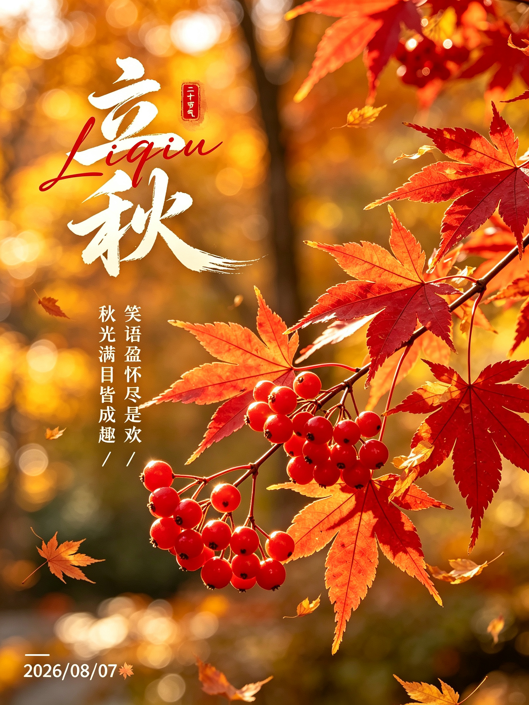 这是这幅立秋红枫秋果图的详尽版即梦生成提示词： - 整体风格定位：暖调诗意秋景海报，以“红枫+艳果”为核心，融合国风飘逸文字，营造“秋光入画、意趣满怀”的浪漫氛围 - 核心视觉元素细化： 1. 主体元素： - 秋景细节… - AI提示词参考图，来自西西提示词