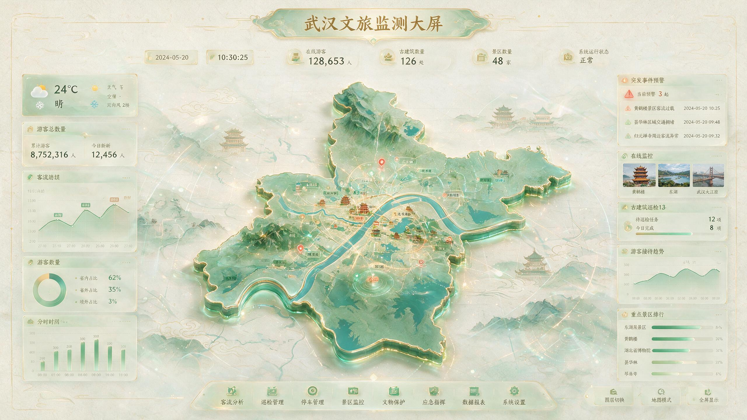 企业级智慧文旅江城监测驾驶舱，16:9 横版构图，融合智慧文旅、数字孪生 GIS、新中式美学与历史名城保护。整体采用浅色高端 UI 设计，以米白、青瓷绿、玉石绿、湖蓝色和香槟金为主色调，背景融合宣纸肌理、水墨山水、祥云… - AI提示词参考图，来自西西提示词