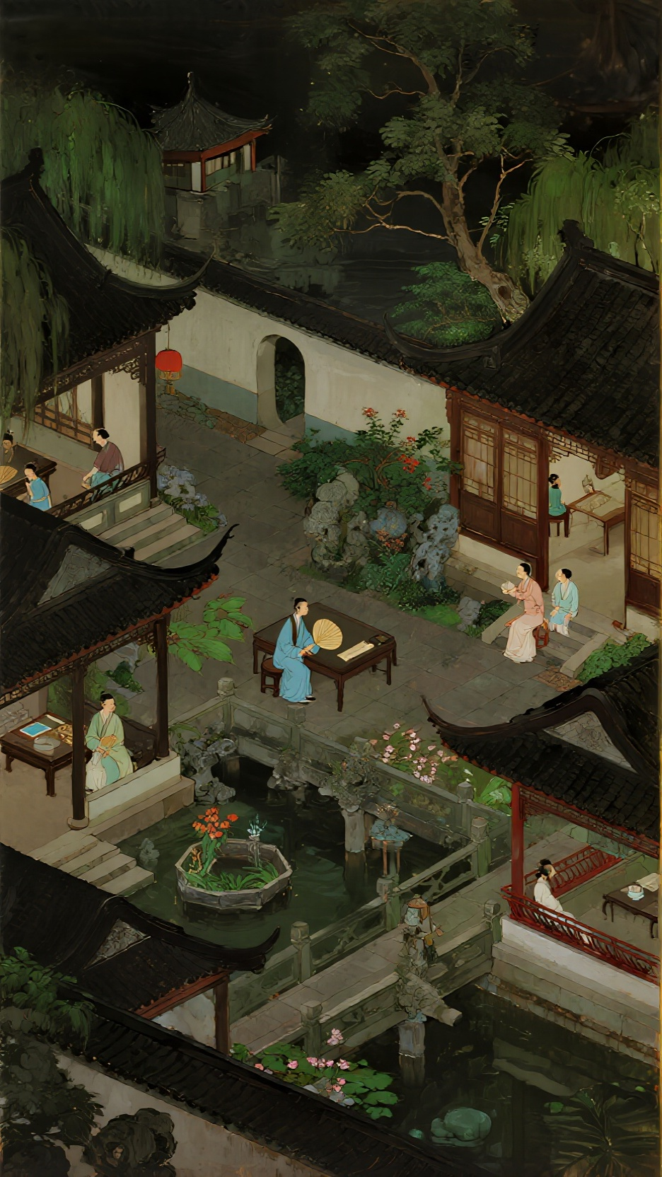 充满生活优雅与闲适情趣的意境。画面以细腻的笔触和丰富的色彩，展现了古代庭园的生活场景，具有强烈的艺术感染力。观者可以从中领略到中国传统生活美学的魅力，感受到对古代优雅闲适生活的向往，体现了绘画在传达文化情感和营造意境方… - AI提示词参考图，来自西西提示词