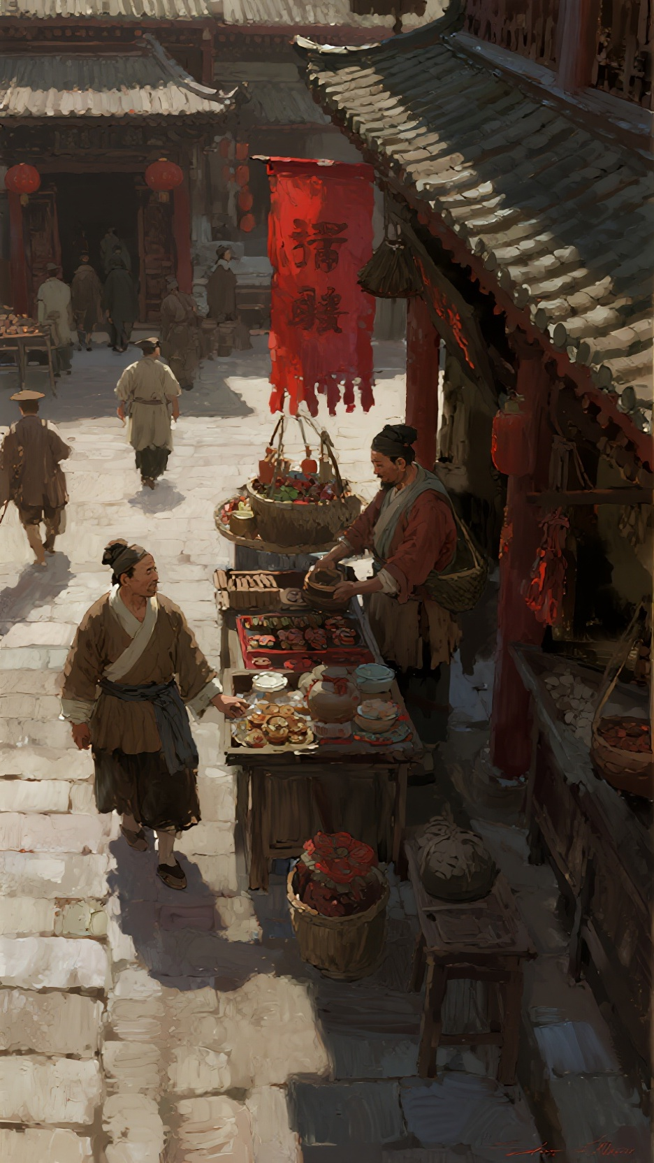 充满生活优雅与闲适情趣的意境。画面以细腻的笔触和丰富的色彩，展现了古代市井小贩的生活场景，具有强烈的艺术感染力。观者可以从中领略到中国传统生活美学的魅力，感受到对古代优雅闲适生活的向往，体现了绘画在传达文化情感和营造意… - AI提示词参考图，来自西西提示词