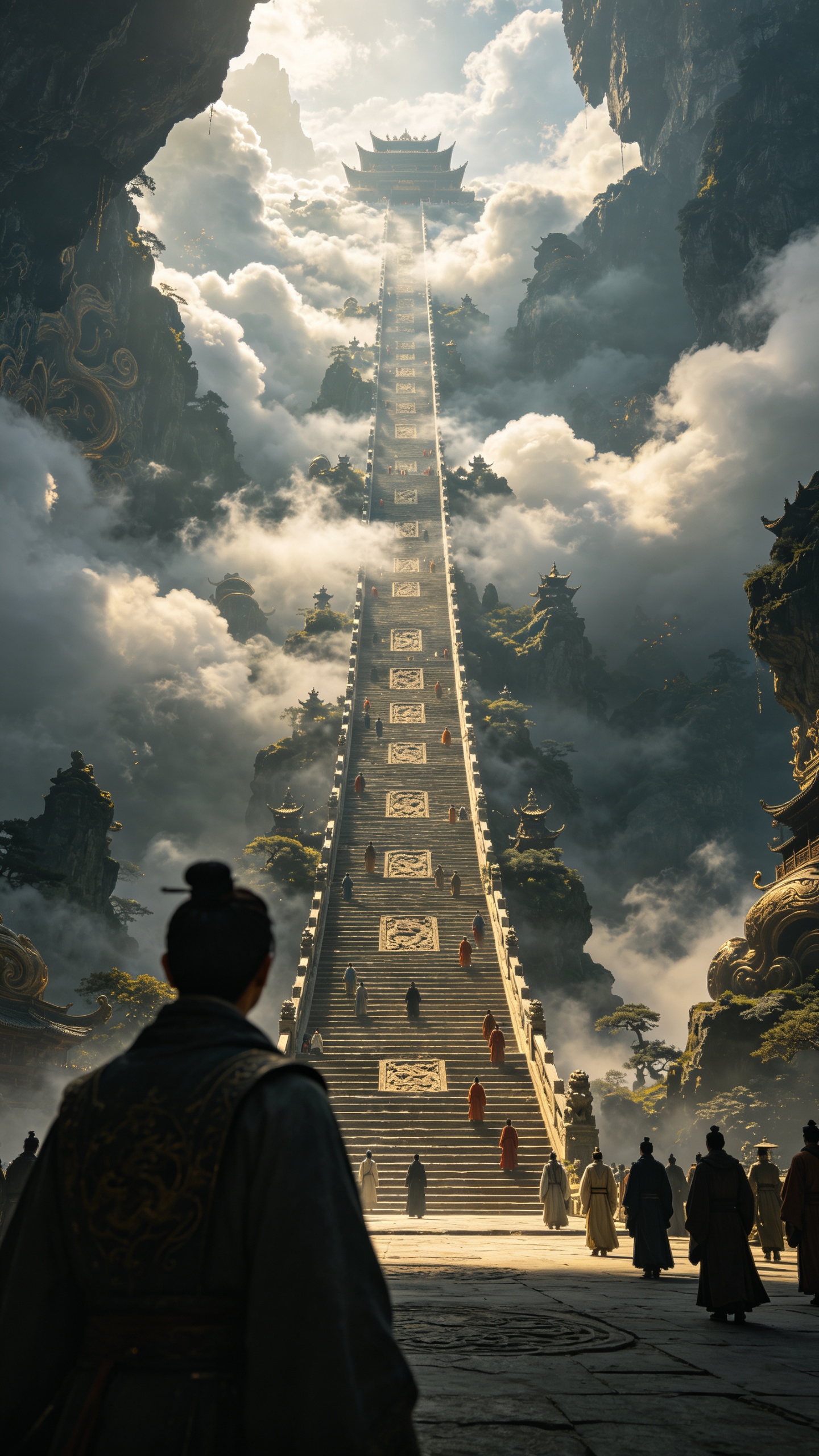 第一人称视角，路人视角，仰视角构图，前景遮挡，充满神秘感且细节繁复的直通天际的云雾长阶梯，奇幻神秘世界，恢宏浩荡、极具压迫感的景象。行人点缀。古风奇幻氛围。 电影级写实质感上色 - AI提示词参考图，来自西西提示词