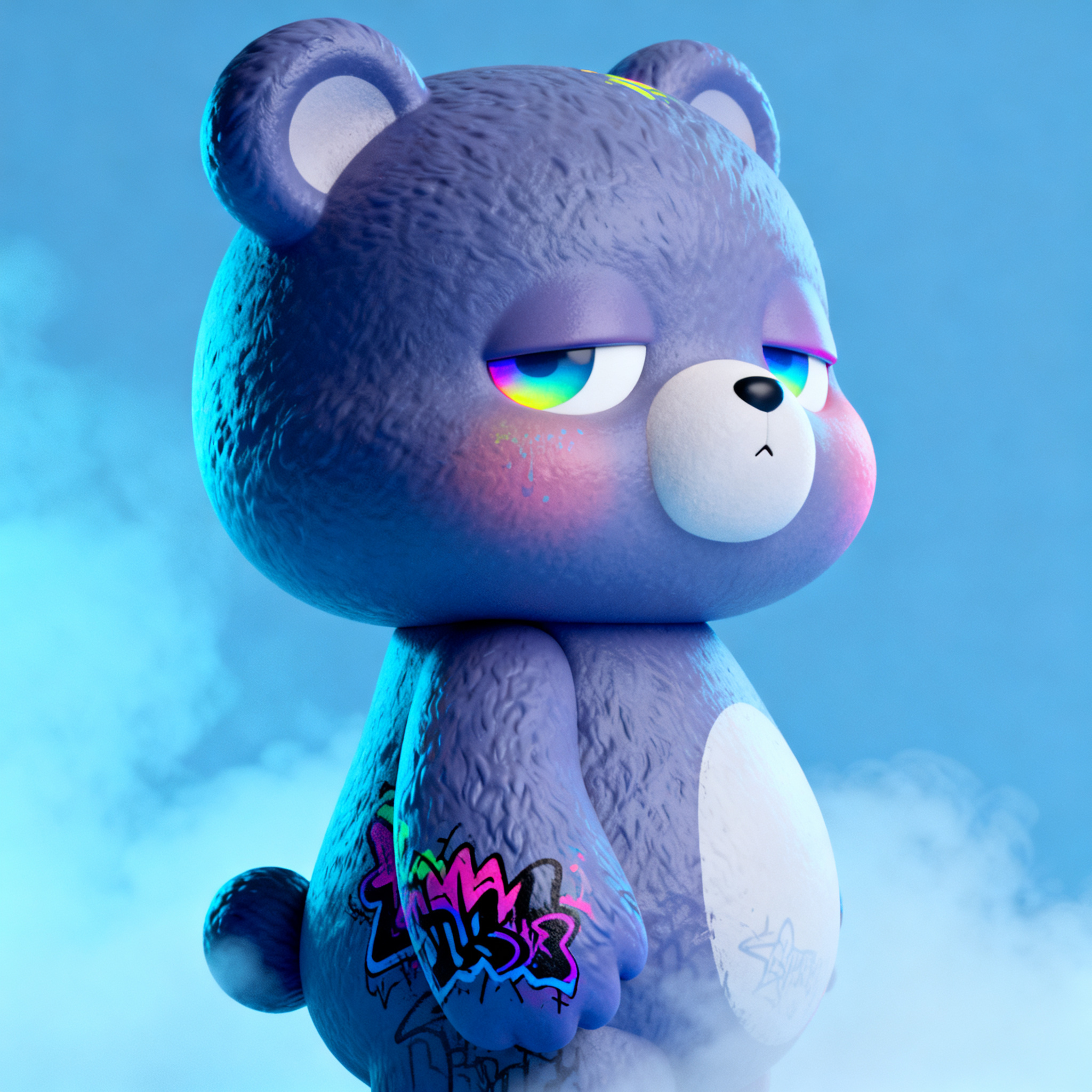 绒毛材质，极端透视，奶雾蓝背景，3D渲染，极简，Q萌，艺术性，光线追踪，朦胧感，光影加重，硕大且胖嘟嘟， 幻境漫游系列盲盒的风格，熊，软萌灵动与街头涂鸦的IP风格，幼态萌，搭配渐变虹膜的下垂眼、脸颊细节，兼具幼崽的懵懂… - AI prompt reference from CC Prompt Galaxy