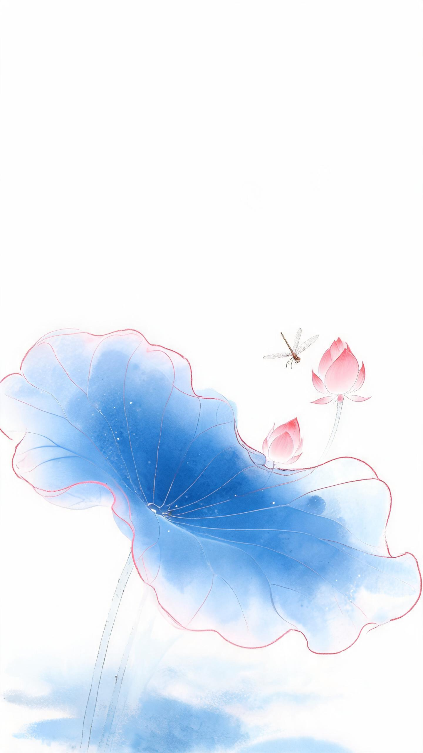 大师级构图，新中式简约插画，水墨艺术，巨大的荷叶 ，靛蓝色和白色主色调，极简主义，大写意，留白，治愈，禅意，意境，半透发光，渐变，粉红色线装饰塑形，韵律美，清新粉色的荷苞、蜻蜓起舞，禅意、静谧，空灵，大师级作品。 - AI提示词参考图，来自西西提示词