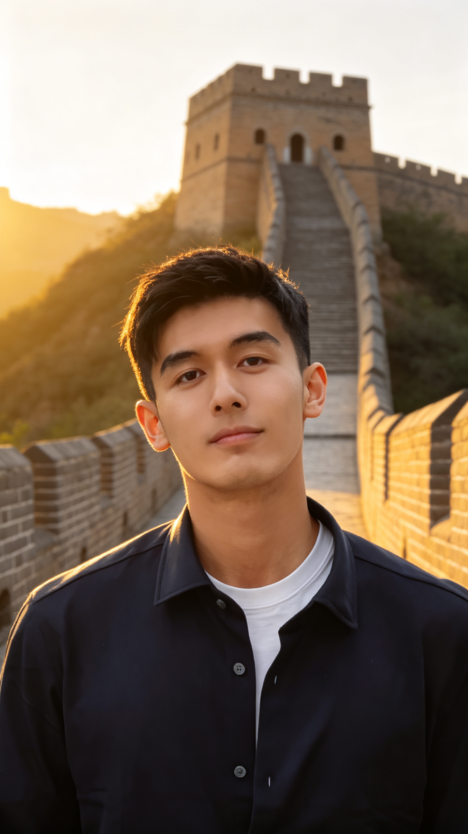 ##将图片改成长城男生写真，近景半身照（不要出现脚部），替换为户外风穿搭，清晨柔和侧光勾勒轮廓，暖金色滤镜烘托长城古朴质感，构图采用低角度仰拍增强人物与历史感的融合，8k高清，人物面部清晰自然 将图片改成长城男生写真，… - AI提示词参考图，来自西西提示词