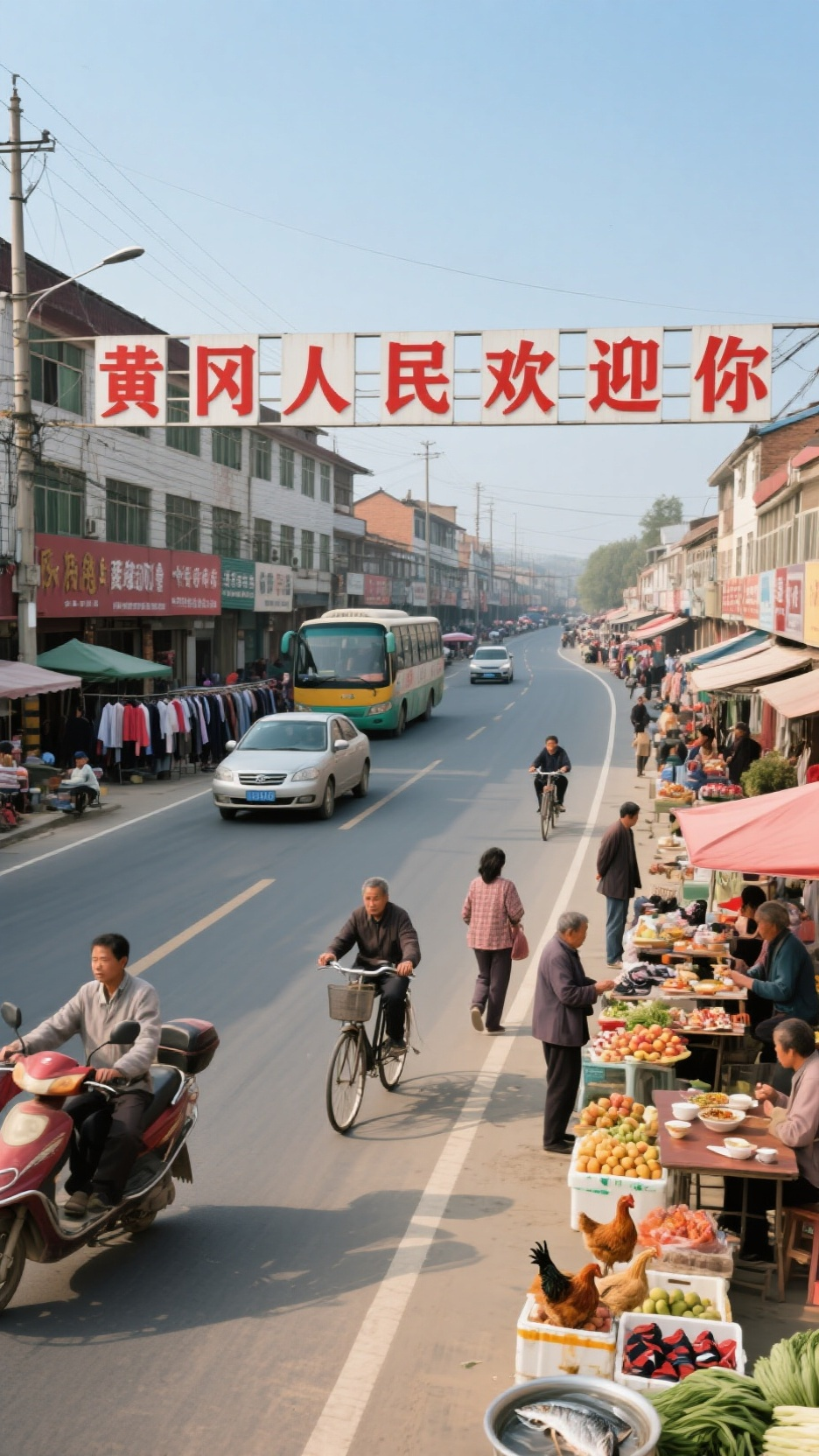 九十现代的小城镇,晴朗的天空,公路两边都是商铺,柏油公路上有 开着汽车的。有骑着摩托车的。有骑着二八大杠自行车车的,还有来回跑的公交车。有步行赶集的,还有摆地摊的,有卖水果的商贩,有卖鸡鸭鹅的商贩,有卖衣服和鞋子的商贩… - AI提示词参考图,来自西西提示词
