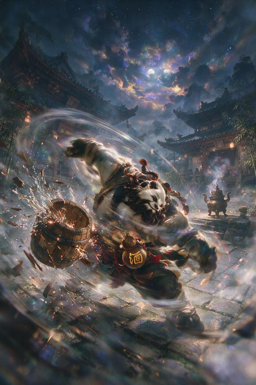 质感，肌理感，梦幻的，耀变，反射，艺术抽象，诗意的，高级，杰作，极具视觉冲击力，获奖作品，大师级配色，大师级排版，高细节，高级感，超高清，布局协调。熊猫酒仙——陈·风暴烈酒正在战斗！动态模糊强化携带速度线残影，全局朦胧… - AI提示词参考图，来自西西提示词
