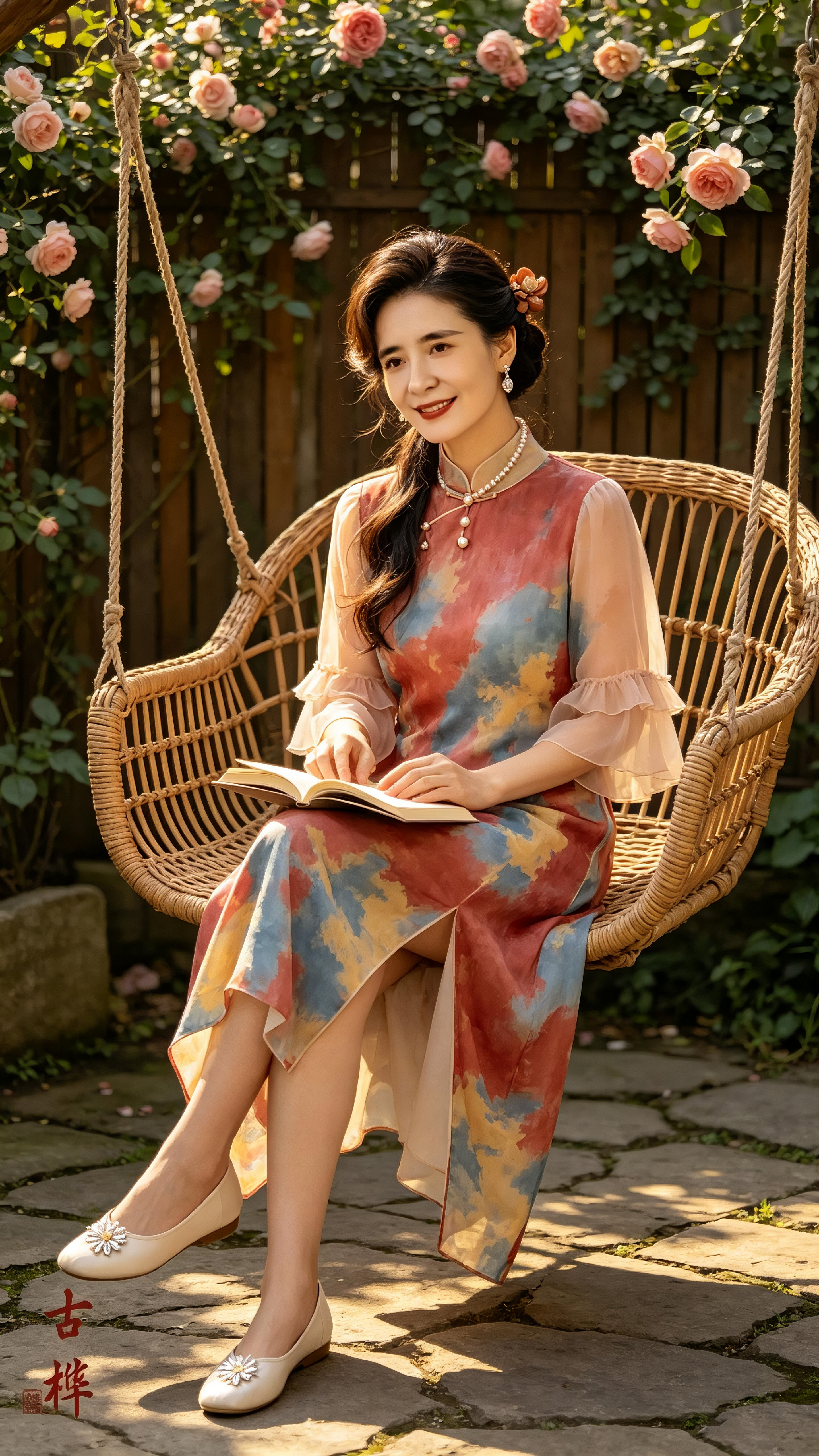 ##午后的阳光斜斜掠过爬满藤本月季的木栅栏，在青石小径上投下斑驳光影，中年女主倚坐在庭院中央的藤编秋千上，周身裹着一层暖金的伦勃朗光，自带电影般的颗粒质感。她身着一袭桑蚕丝混纺的长裙，裙身以胭脂红为底，晕染着雾蓝与鹅黄… - AI prompt reference from CC Prompt Galaxy