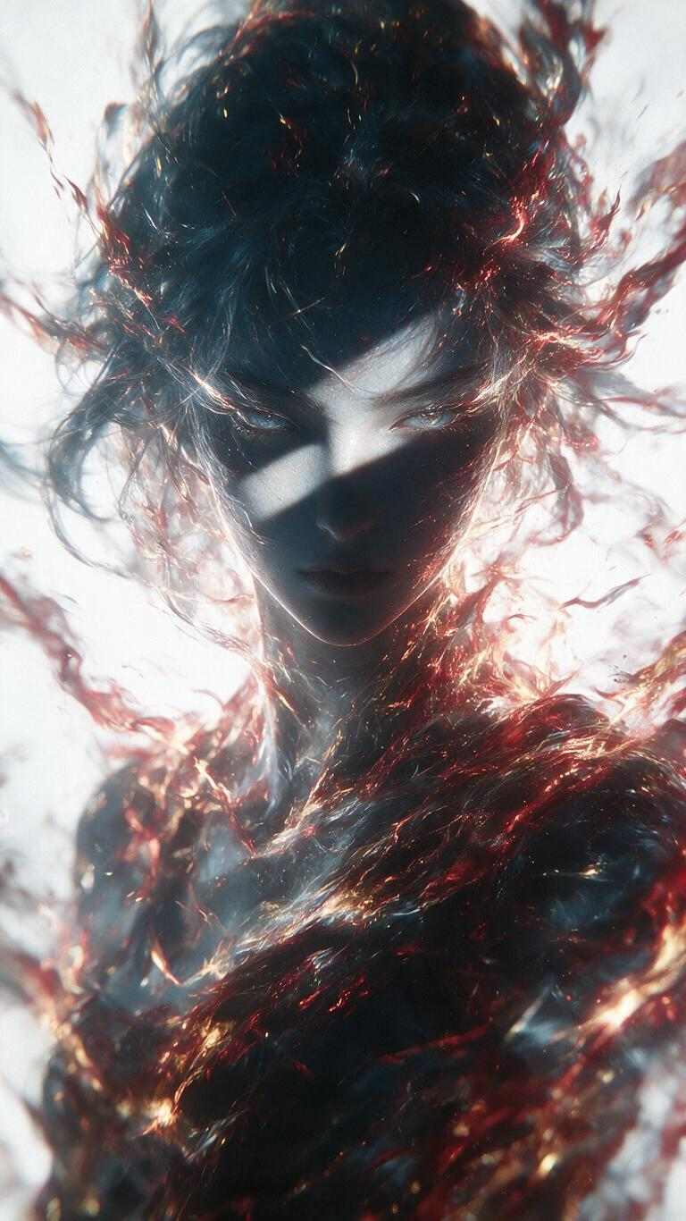 拟人化动漫形象，暗黑风格，虚拟超现实。东方美女火神女大帝，神秘抽象美，震撼，流动，燃烧。冷灰蓝与朱红金的强烈对比。强光从左上方45度斜射入，阴影覆盖右眼和右颧骨，在右脸投下锐利的对角线阴影，左半脸明亮右半脸深暗，明暗分… - AI提示词参考图，来自西西提示词