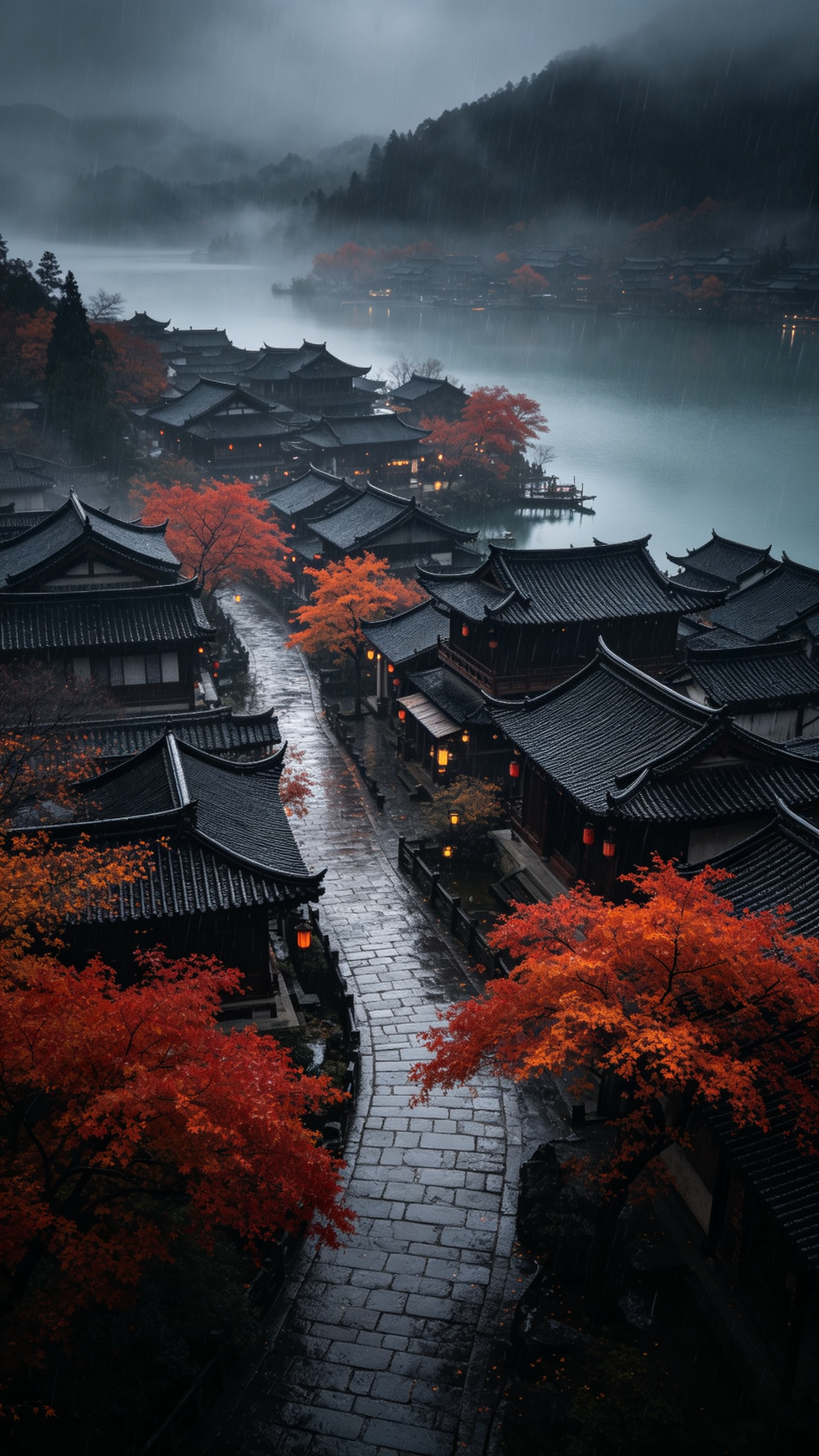 参考清冷氛围感古风摄影写真风格，生成枫林深处古风湖畔城镇的风景，青石板路，枫叶赤红如烈焰，整体色调暗黑系，雾气朦胧，阴雨绵绵，鸟瞰 - AI提示词参考图，来自西西提示词