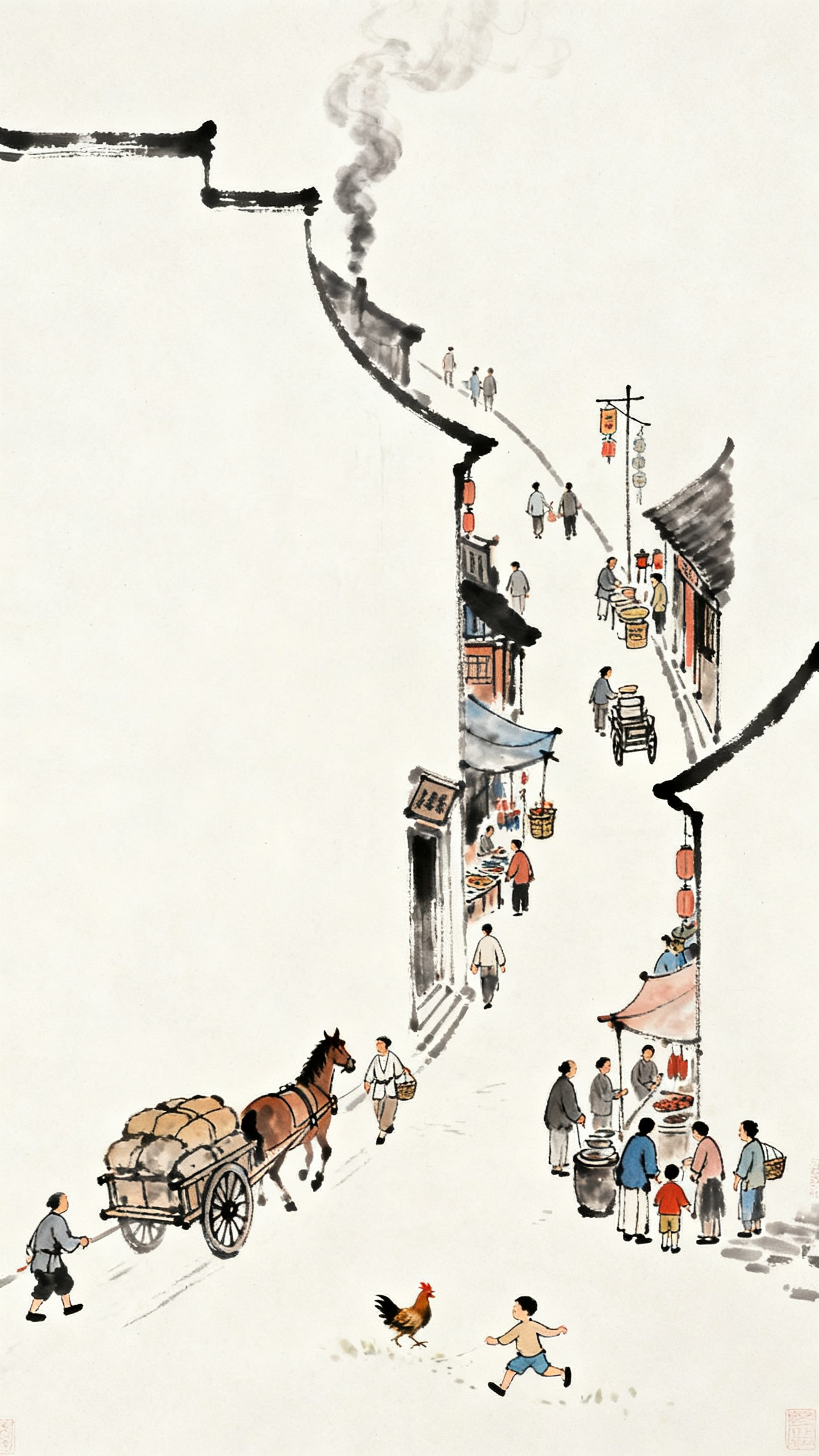 大面积留白，象牙白背景，极简风格。一条曲折的街道作为画面唯一主体、两侧大面积留白。两侧留白占比至少70%，形成强烈的视觉压迫感。工笔水墨淡彩画，用极细的毫笔认真勾勒细节。呈现街市面貌，人群，拉货的马车、摊位、门店、挑担… - AI提示词参考图，来自西西提示词