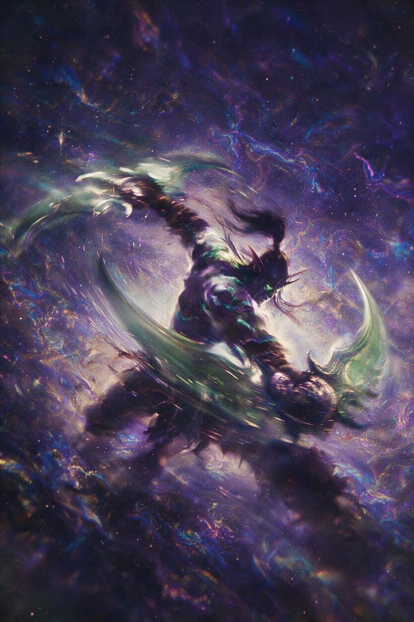 质感，肌理感，梦幻的，耀变，反射，艺术抽象，诗意的，高级，杰作，极具视觉冲击力，获奖作品，大师级配色，大师级排版，高细节，高级感，超高清，布局协调。伊利丹挥舞着巨大的埃辛诺斯战刃！动态模糊强化携带速度线残影，全局朦胧模… - AI提示词参考图，来自西西提示词