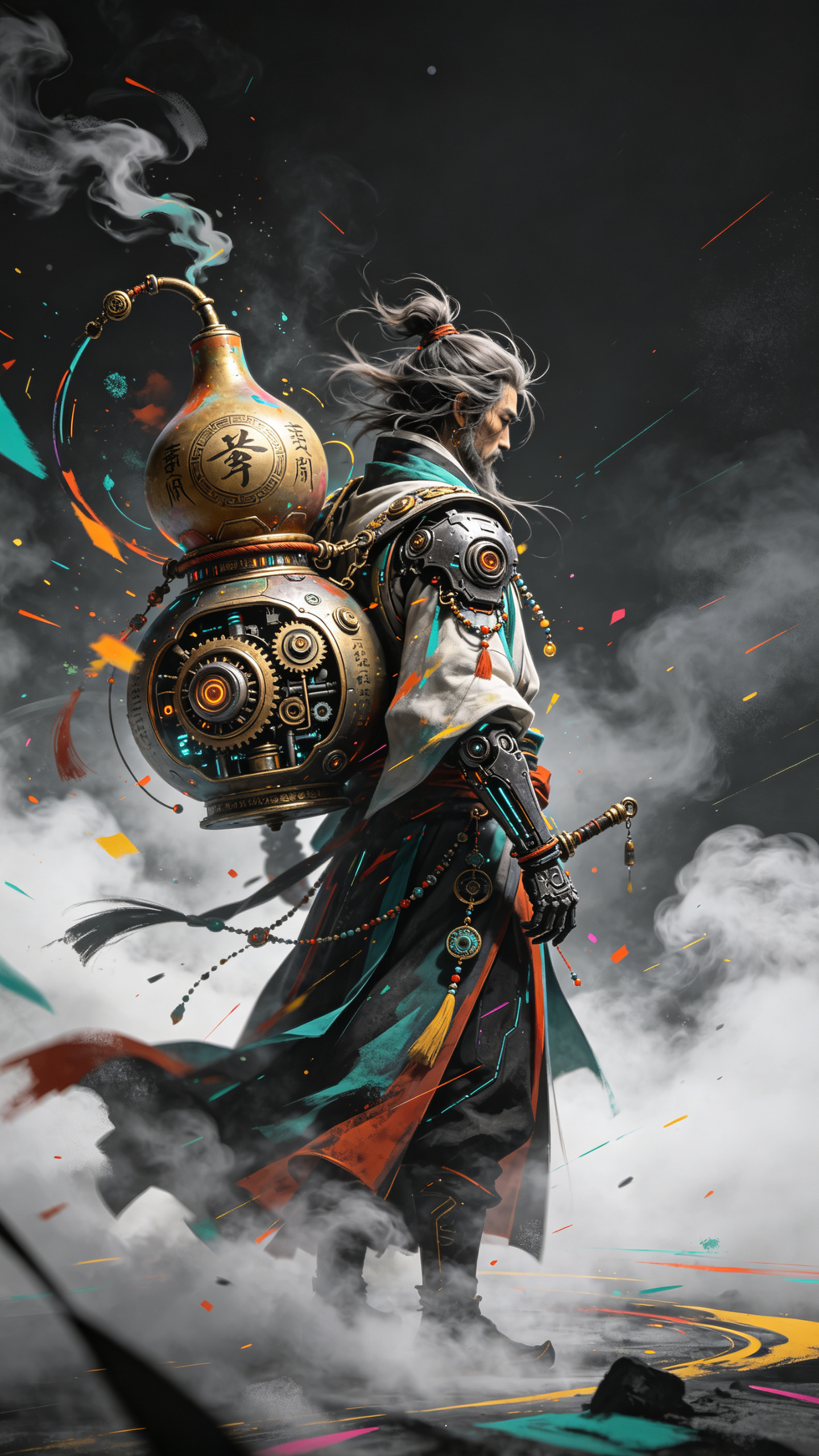 固定超广角夸张透视构图，全身立绘，抽象表现主义插画，国潮汉服融合赛博机械朋克仙侠风格。主体是机械朋克仙侠炼丹师立于缭绕白雾与氤氲丹烟之间，背部背负巨型融合法器，古法葫芦结构内嵌机械丹炉构造，复古工艺与精密机械零件融为一… - AI提示词参考图，来自西西提示词
