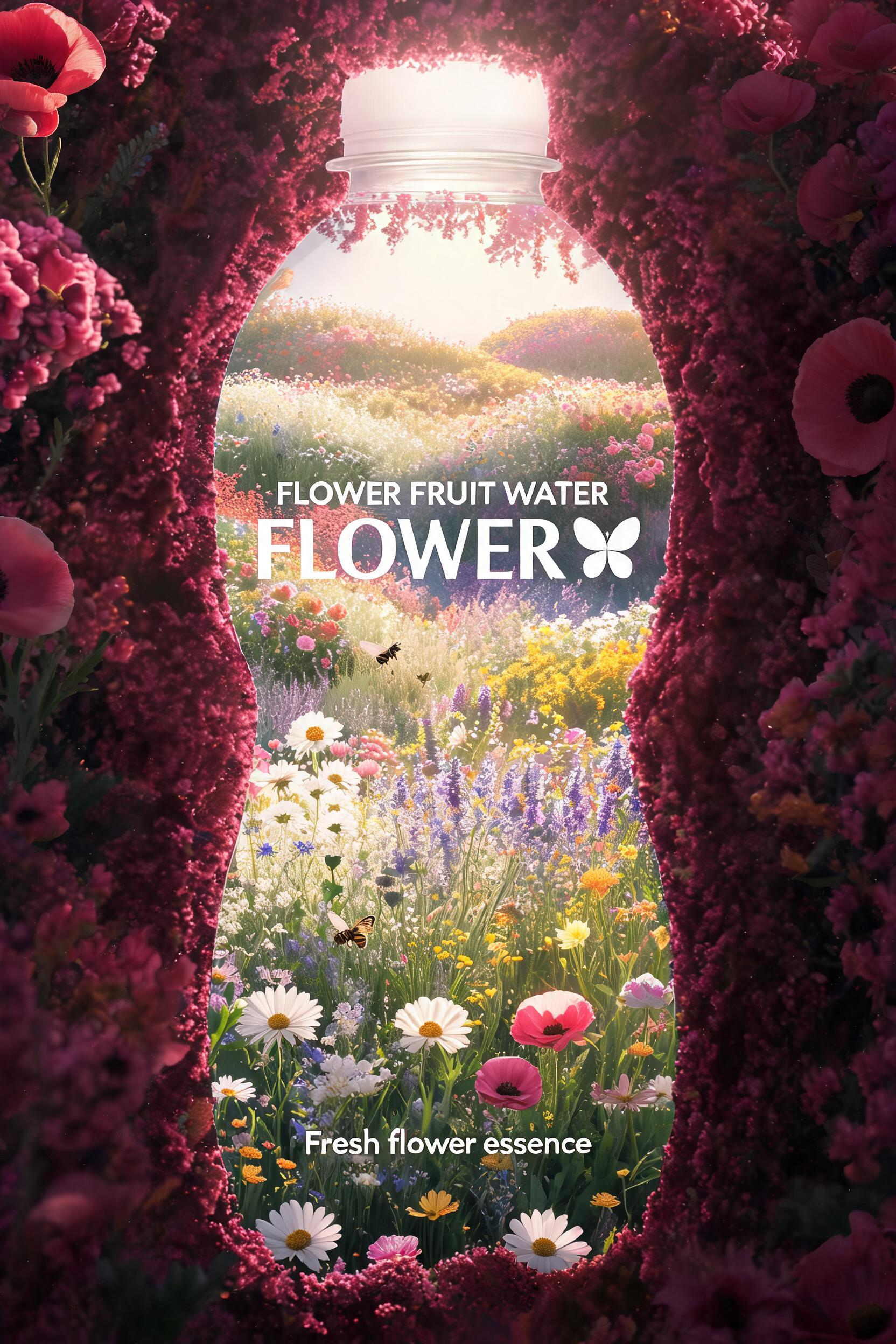 主体为 “花海矿泉水” 广告创意，以花海与花丛形成矿泉水瓶轮廓的负空间，内部展现花海景观（各色鲜花、蜜蜂、花田、远处花丘）；画面风格是超现实合成的写实摄影风，风格参考花海广告设计；场景设定为绚烂的花海世界，光线从水瓶轮… - AI提示词参考图，来自西西提示词
