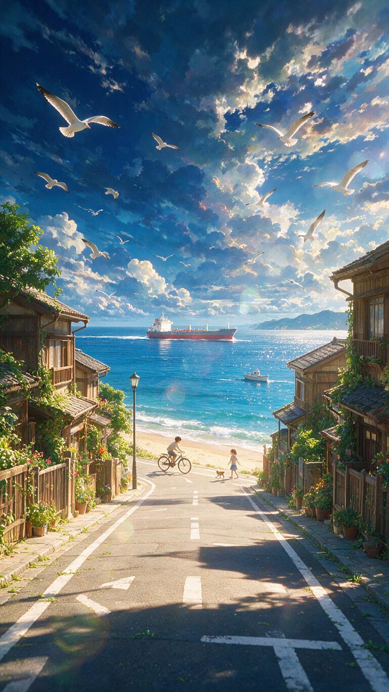 出一个街道尽头就是海的图片，治愈系，道路两旁全是绿植，宫崎骏画风，大海上有船经过，史诗级天空，海鸥飞翔，照片质感，85毫米镜头拍摄，镜头光晕渲染，虚幻引擎渲染，伦勃朗光线 - AI prompt reference from CC Prompt Galaxy