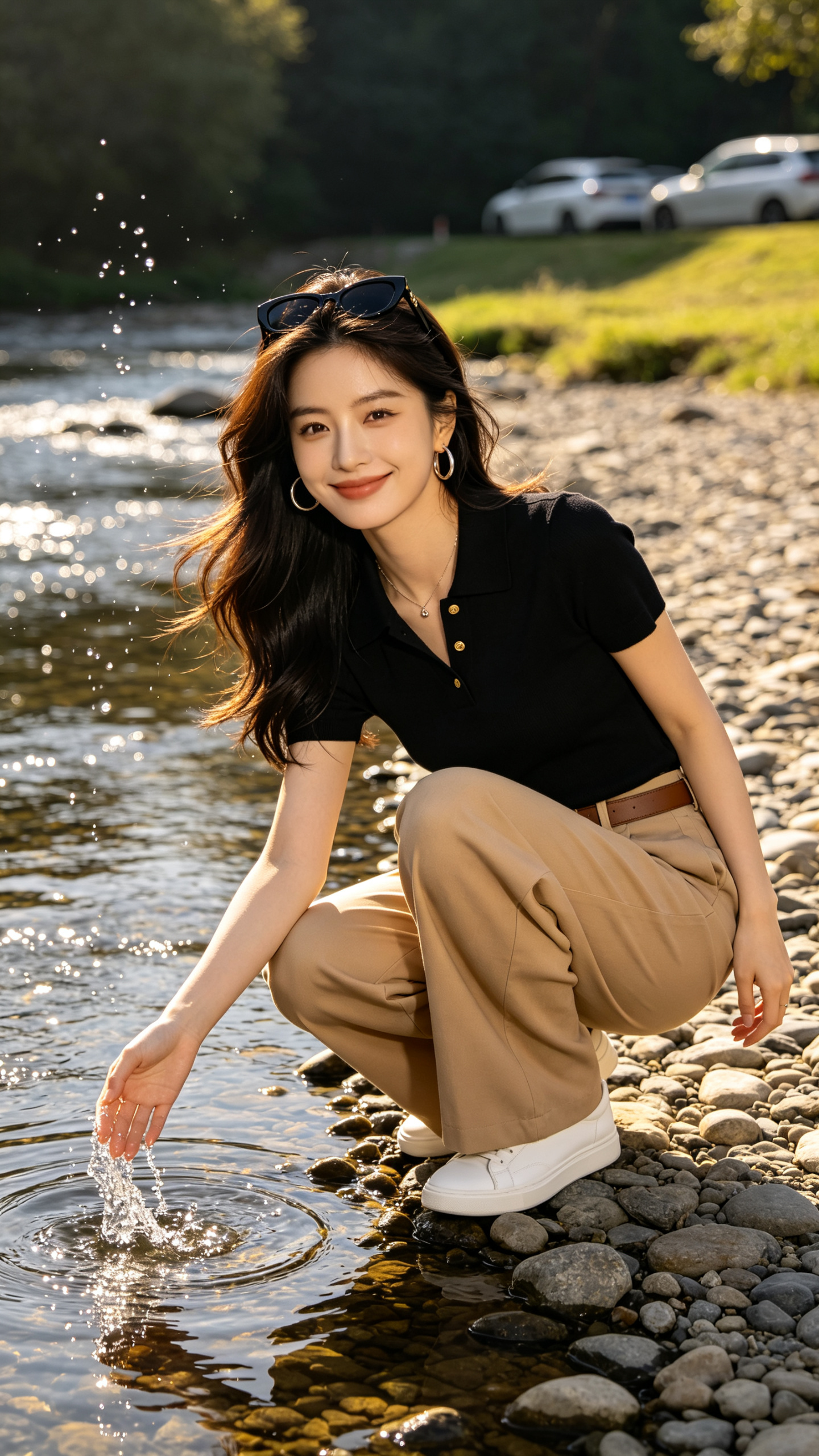 《溪畔掬光》 非常规视角构图，9:16画幅，平视中景，镜头高度位于人物腰部位置，距离约2.8米。户外溪畔，背景为浅溪、鹅卵石滩、草坪及远处车辆，自然暖调日光柔和洒落。年轻女性呈半蹲姿态，左腿弯曲踩于鹅卵石滩，右腿屈膝后… - AI提示词参考图，来自西西提示词