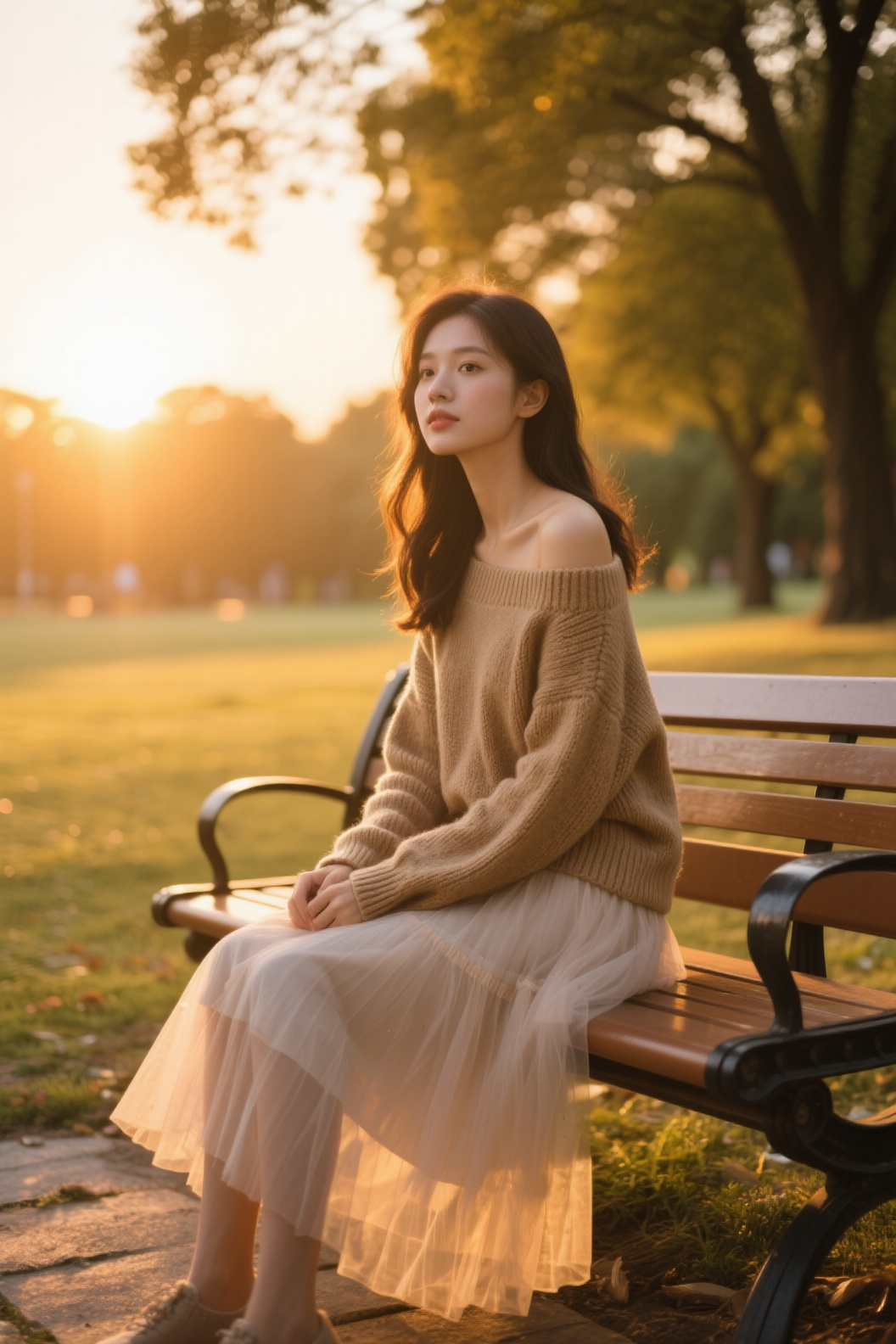 暖金落日裹着的公园长椅旁，露肩毛衣配纱裙的穿搭，轻坐长椅。 - AI prompt reference from CC Prompt Galaxy