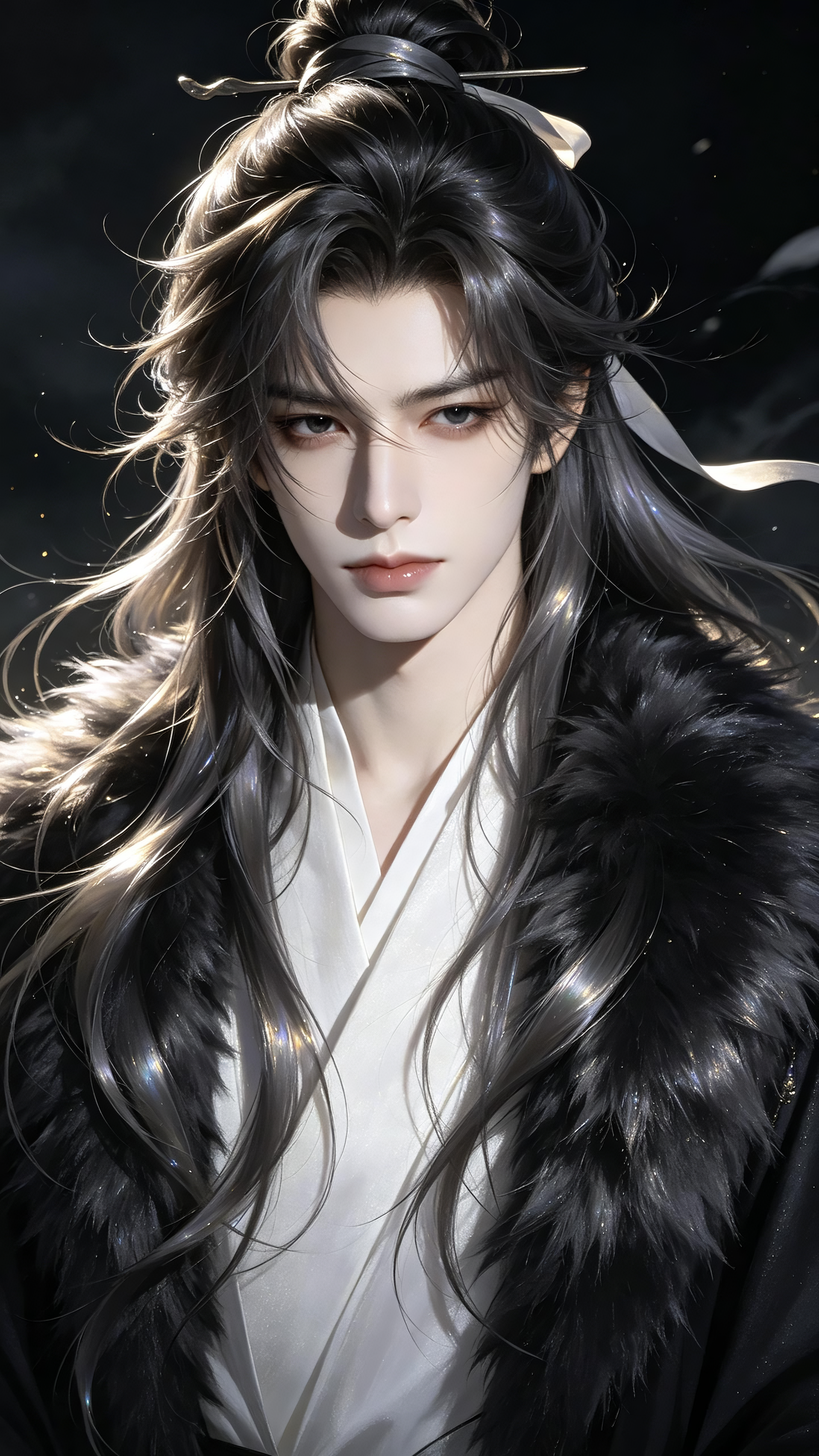 中景，聚焦面部，古风美男，贵王子，妖冶俊美，面容精致，五官立体，蓬松凌乱的黑茶灰色液态金属光泽及腰超长发，发丝蓬松带清透光泽，几缕碎发被夜风掀起。冷白皮肤细腻发光，面部轮廓柔和，凤眼，瞳仁深不见底，正望向镜头，睫毛在眼… - AI提示词参考图，来自西西提示词