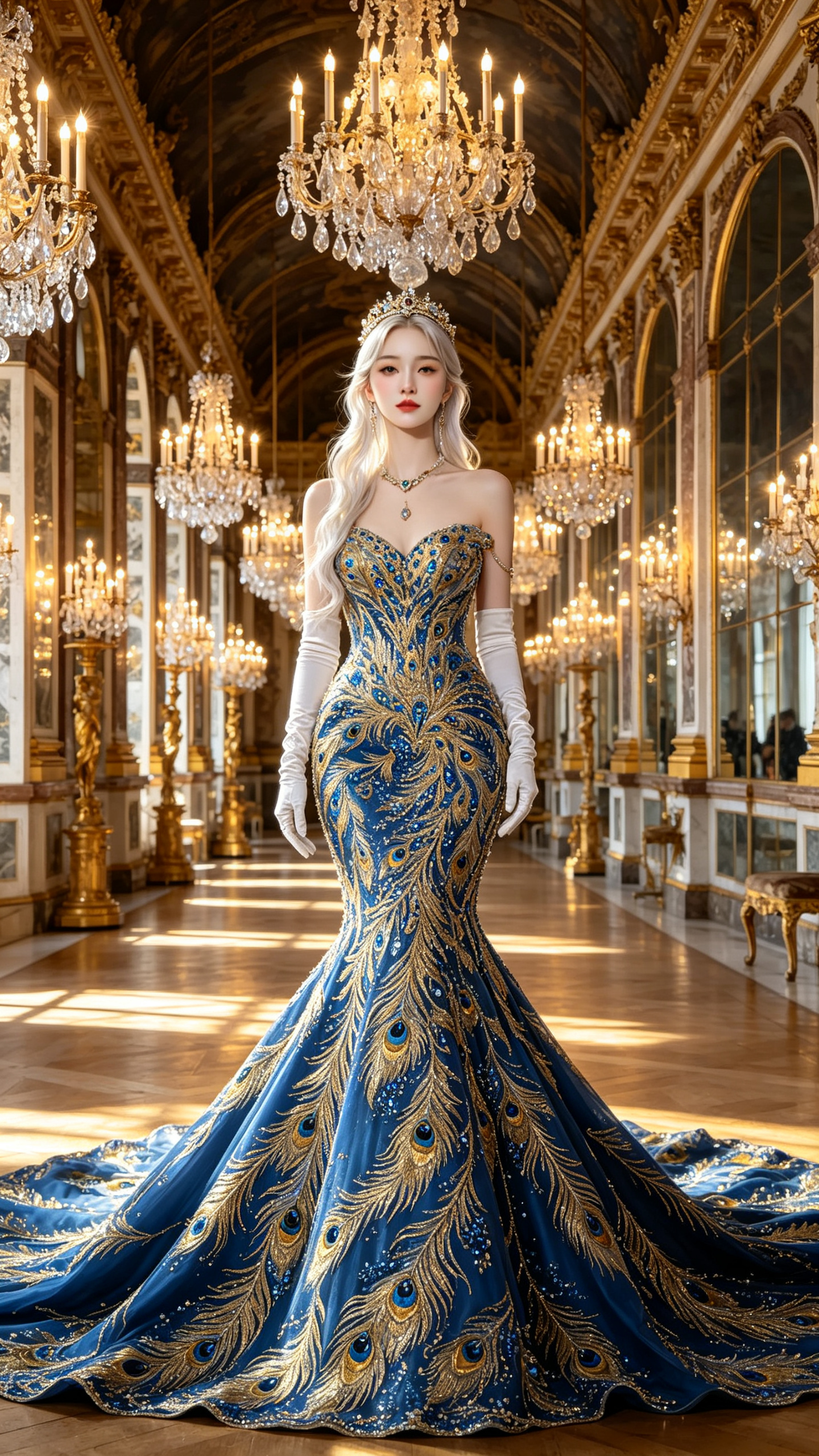 ##14. Zuhair Murad 黎巴嫩孔雀皇室名媛 画面主体：雍容华贵的东方皇室名媛，身穿以孔雀蓝与金色为主色调的手工刺绣高定鱼尾礼服，整条裙子从胸衣到裙摆铺满金丝与孔雀蓝丝线交织的孔雀羽毛纹样刺绣，每一片羽毛上… - AI prompt reference from CC Prompt Galaxy