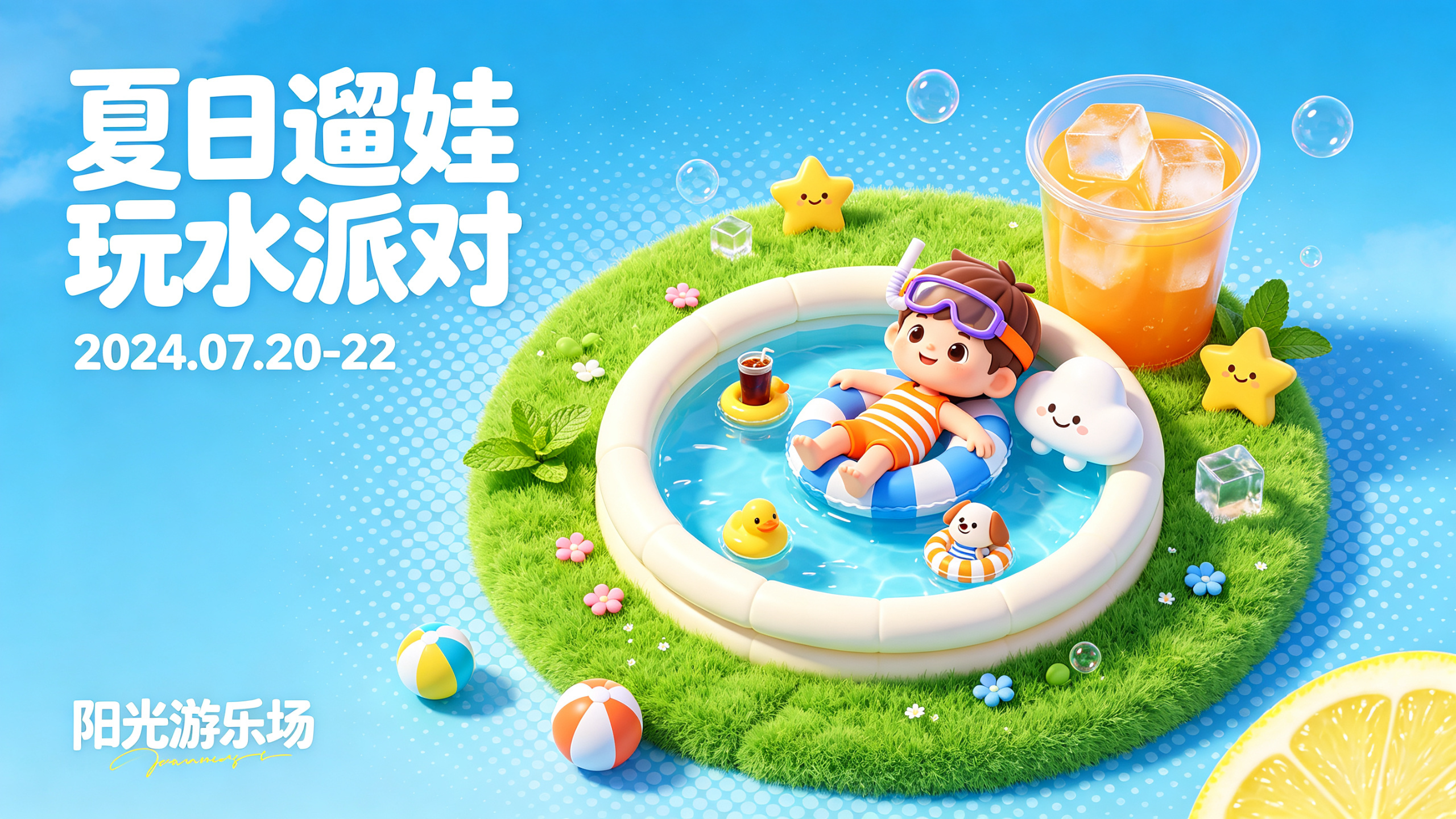 夏日遛娃玩水派对可爱3D主视觉。明亮通透的高饱和度亮蓝色夏日晴空背景，背景表层带极淡的半透明圆点网格纹理，清爽干净没有多余杂物。画面视觉中心位置，一整片毛绒质感的嫩绿圆形大草坪旁边是一个巨大的装着方形冰块和橙汁的透明塑… - AI提示词参考图，来自西西提示词