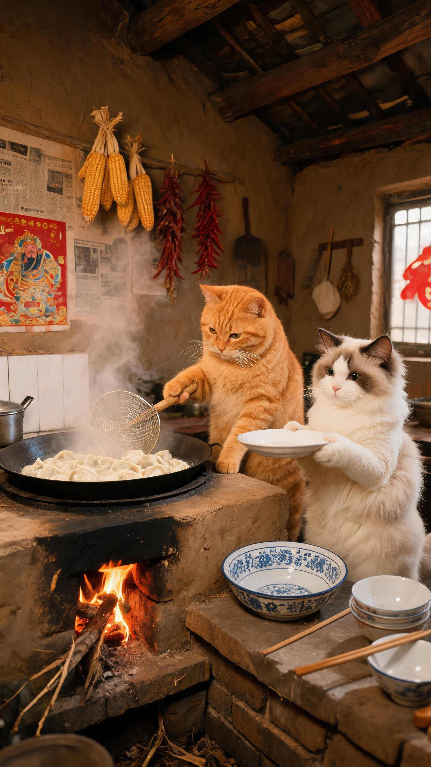 🍲 煮饺子场景提示词 根据上面的图片 80年代北方农村土房，温馨怀旧的过年氛围，灶坑烧着火灶台上大铁锅里翻滚着热气腾腾的饺子，一个大胖橘猫咪拟人化的站在灶台旁右爪子拿着笊篱捞饺子，饺子在锅里沸水冒着白汽，旁边放着盛饺… - AI prompt reference from CC Prompt Galaxy