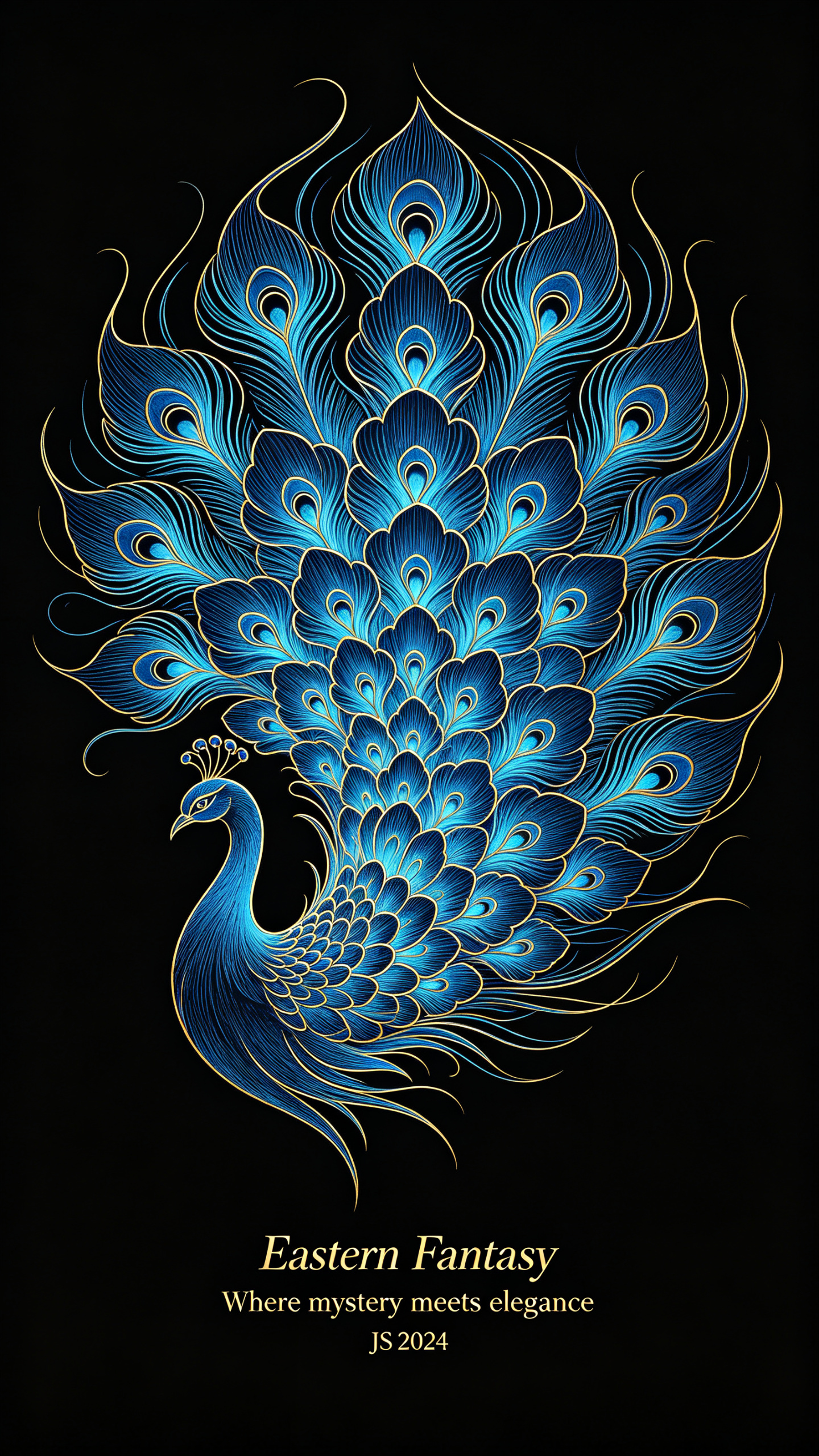 纯黑背景的竖版国风奇幻线稿插画，中央是一条优雅大写意开屏的抽象孔雀，正构图，尾羽由荧光蓝色线条与极细金色金属勾边共同描绘，羽毛转化为层层叠叠的花瓣阵列，花瓣排列紧密但秩序清晰，线条柔美灵动，外部轮廓极简流畅，内部纹饰繁… - AI prompt reference from CC Prompt Galaxy