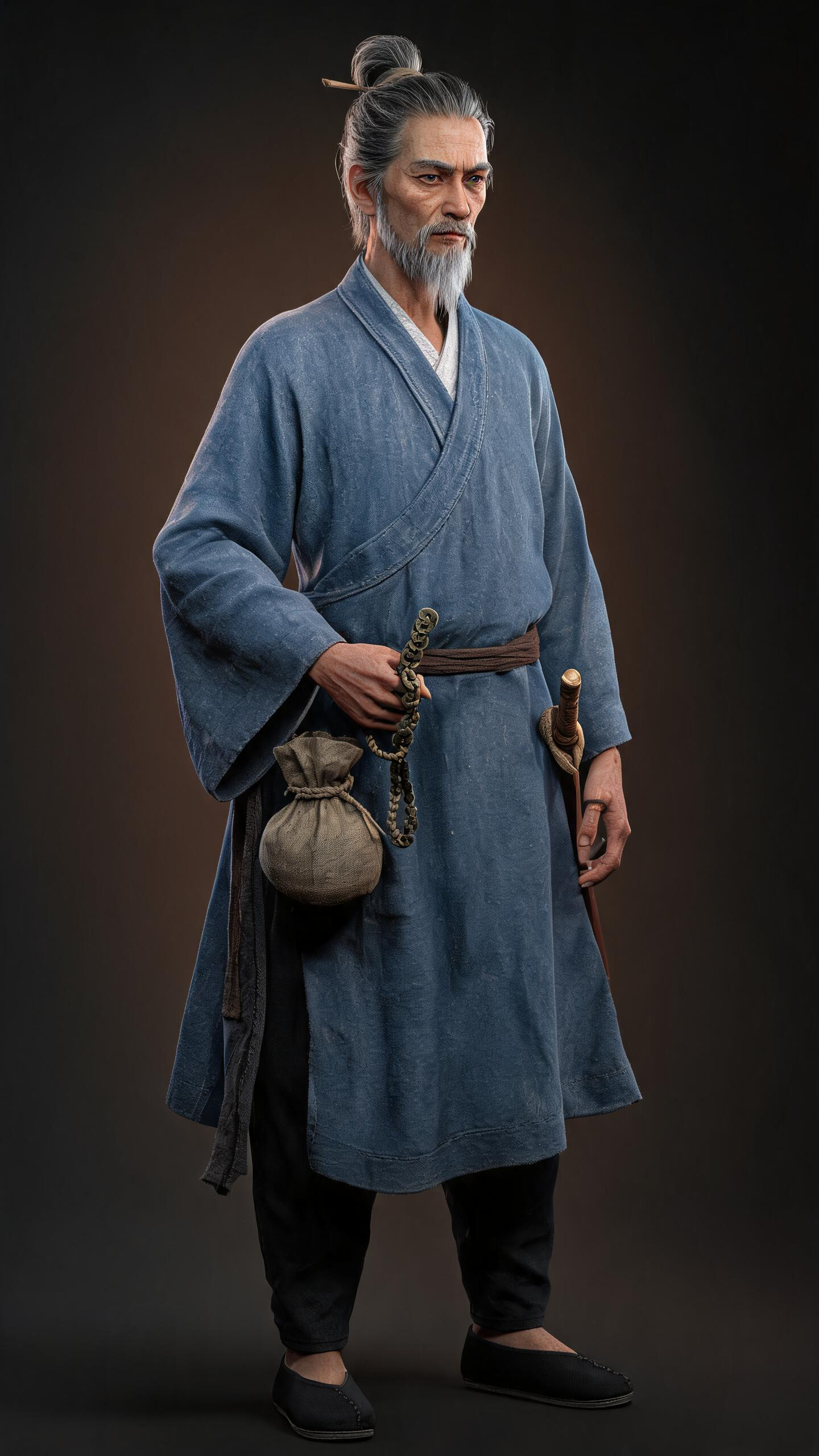 钟离渊角色设定图，茅山旁支传人，年近六旬的老道士——面容精瘦如刀削，颧骨高，眼窝深邃，目光锐利冷静如鹰。皮肤是常年风吹日晒的暗褐色，皱纹深但干净。修剪整齐的短须灰白相间，嘴角两道深纹，嘴唇薄，紧抿成一条线。黑色头发花白… - AI提示词参考图，来自西西提示词
