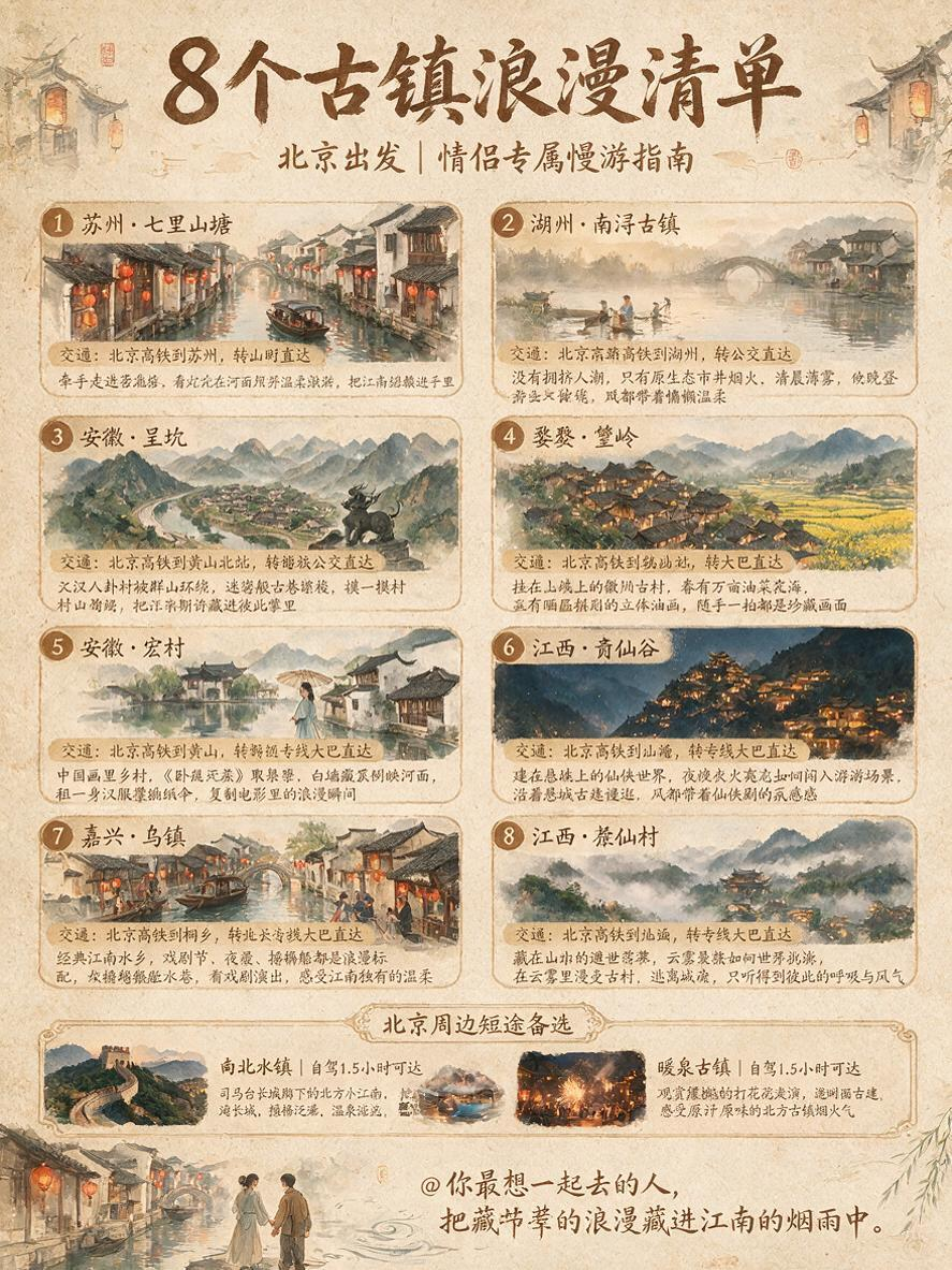 逐字稿提取 最适合两个人去的八大古镇，想和谁一起去就@谁。 苏州·七里山塘 湖州·南浔古镇 安徽·呈坎 婺源·篁岭 安徽·宏村 江西·望仙谷 嘉兴·乌镇 江西·葛仙村 改写版本（补充北京视角+深度内容） 如果在北京，想… - AI提示词参考图，来自西西提示词