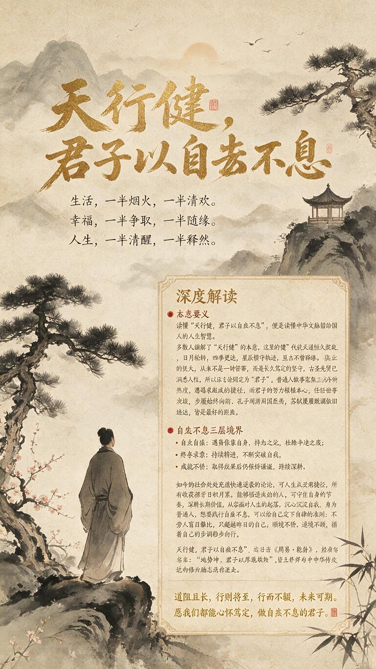 核心主题 天行健，君子以自强不息。 配套延伸文案 生活一半烟火，一半清欢。 幸福，一半争取，一半随缘。 人生，一半清醒，一半释然。 深度解读内容 读懂“天行健，君子以自强不息”，便是读懂中华文脉留给国人的人生智慧。多数… - AI提示词参考图，来自西西提示词