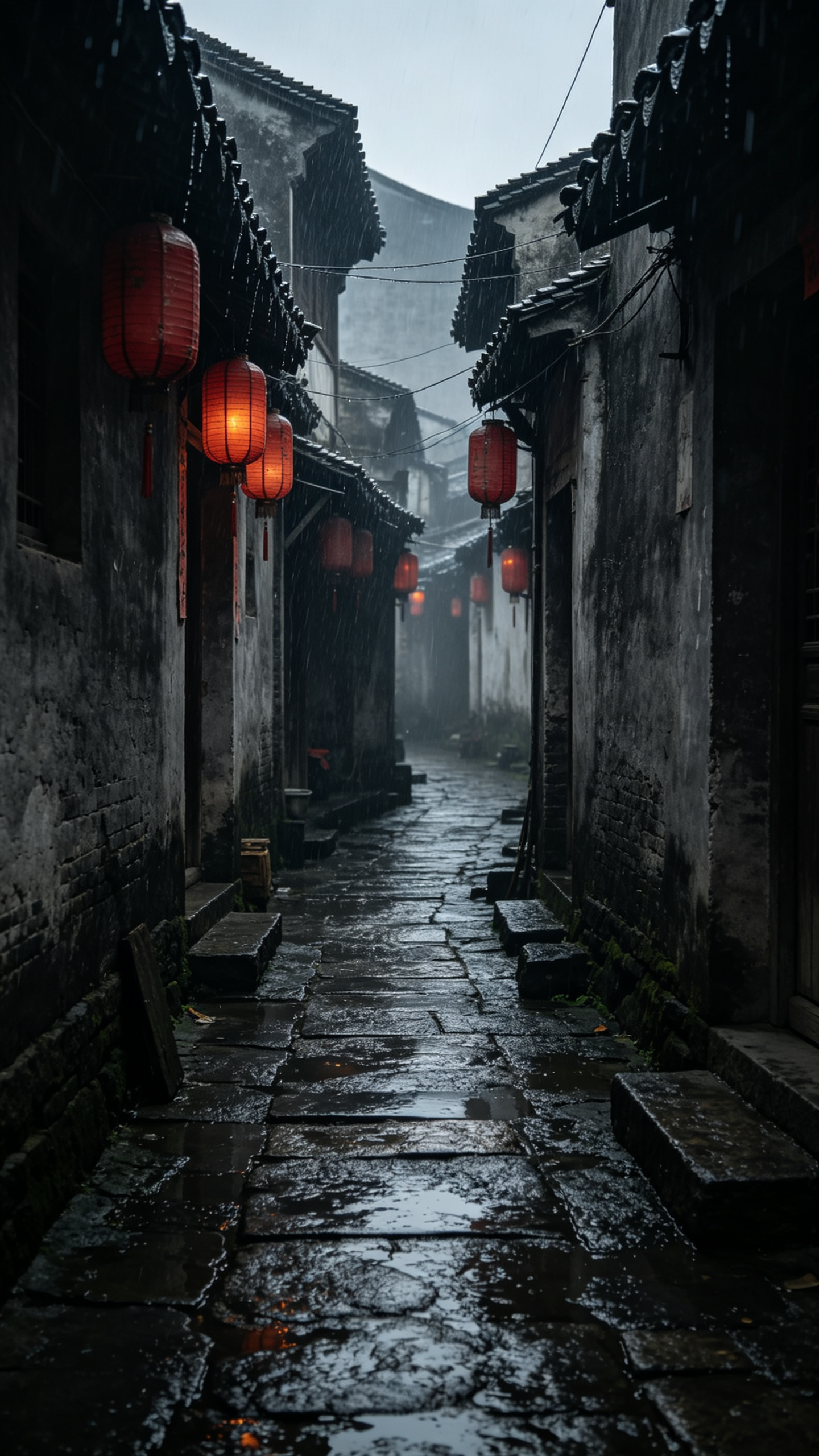 场景名称:青阳城幽暗巷道 画幅构图:9:16电影级场景设定图,极高画质,纯净无人的空间。写实电影风格 视觉风格:写实电影感风格,极致细节。 场景描述: 古代城镇拥挤的贫民区,狭窄曲折的石板小巷, 午后暴雨前夕,光线昏暗… - AI提示词参考图,来自西西提示词