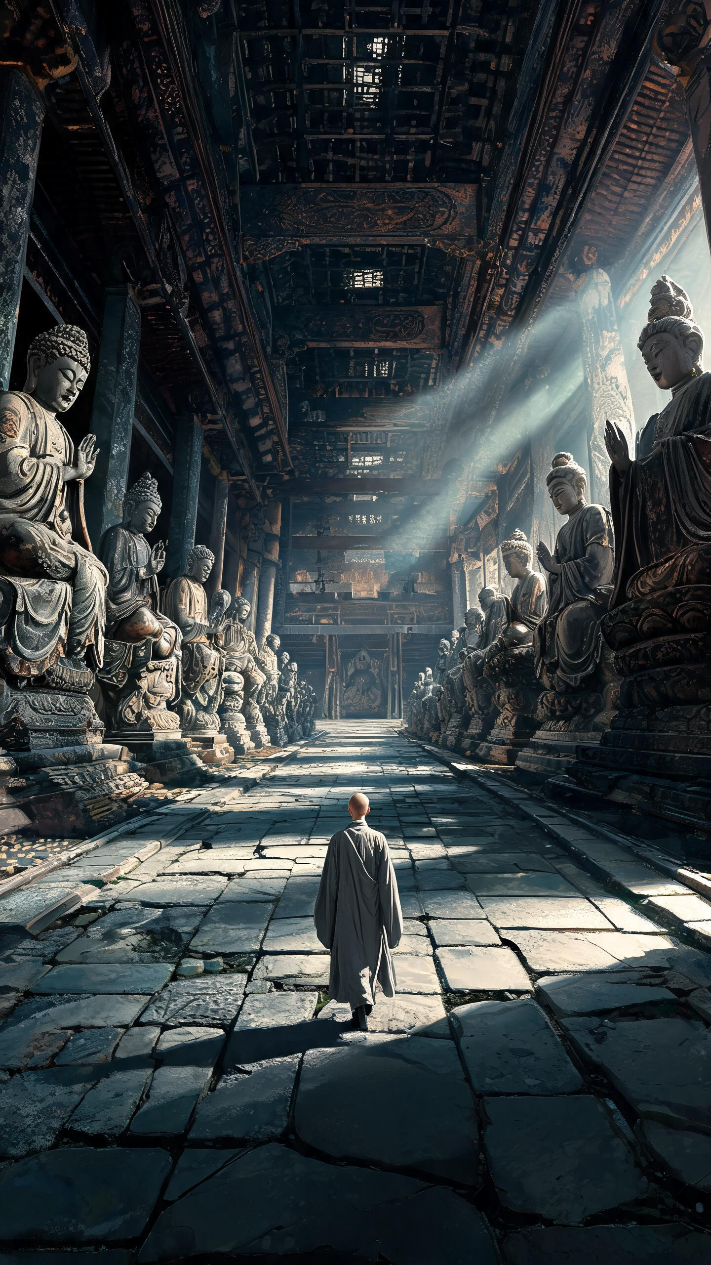 插画，水粉，宫殿般古风佛教内部背景，超强纵深、对称构图，中间一条宽阔石板通道，两侧是两排巨大的形态各异的佛像雕塑。突出暗黑效果。 以超低视角的超广角镜头，镜头靠近僧人，突出超广角的夸张效果，一个僧人站在佛像前的渺小背影… - AI提示词参考图，来自西西提示词