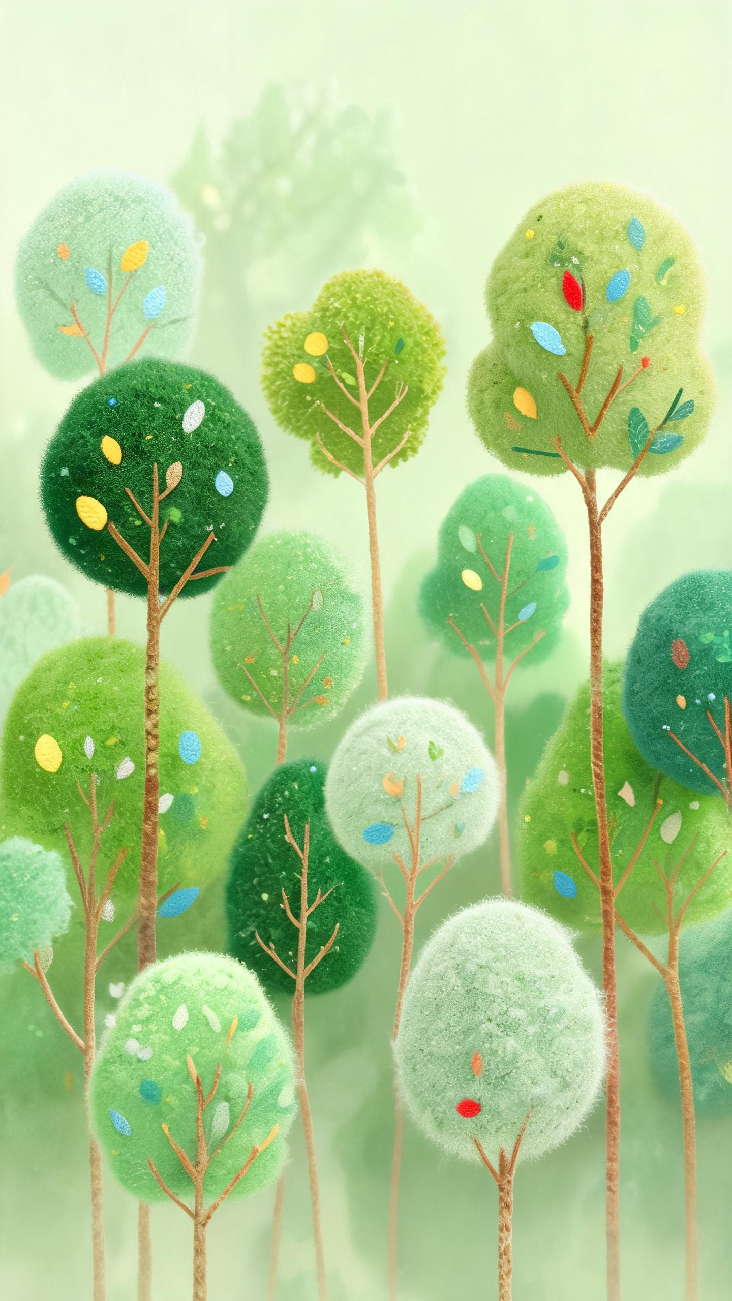 帮我生成图片:插画。形态各异的树木,树冠圆润,有球形、椭圆等。树干细长,枝叶纹理细腻。配色以不同层次的绿为主,点缀黄、蓝、红等色,清新自然。画面质感柔和,似绒面质感。树木错落站位,疏密得当,营造出静谧且富有生机的森林氛… - AI提示词参考图,来自西西提示词