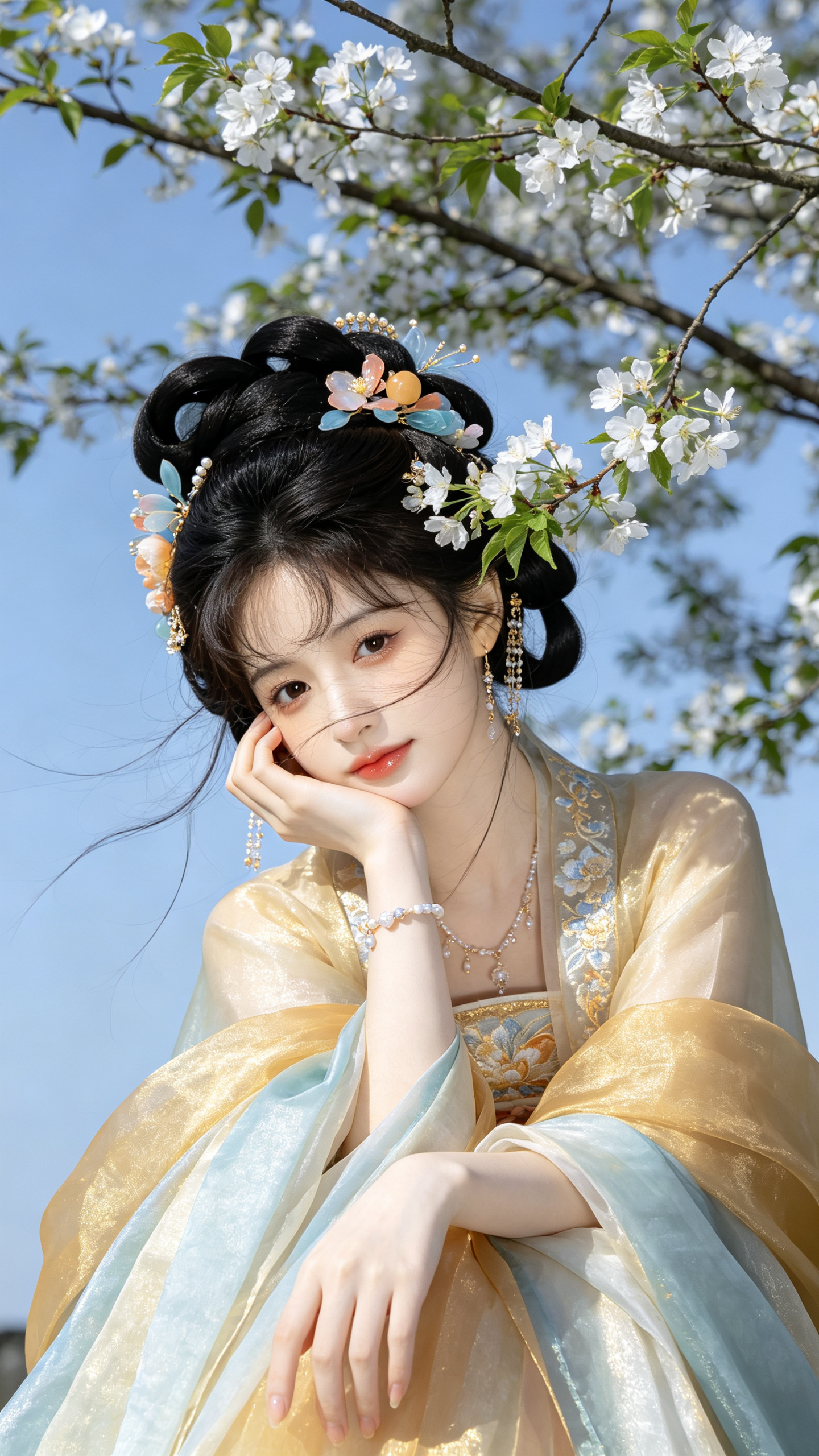 古风美少女,美艳无双,古风盘髻披发,身着唐代服饰,华丽惊艳,金色渐变唐制襦裙配繁复高髻,发髻点缀可爱色发饰与白花枝,冷调背景衬出仙气流光感,谪仙般的清冷空灵,姿态优雅斜倚枝条仕女感,枝条繁茂,上面开满了花朵和绿叶,像从… - AI提示词参考图,来自西西提示词