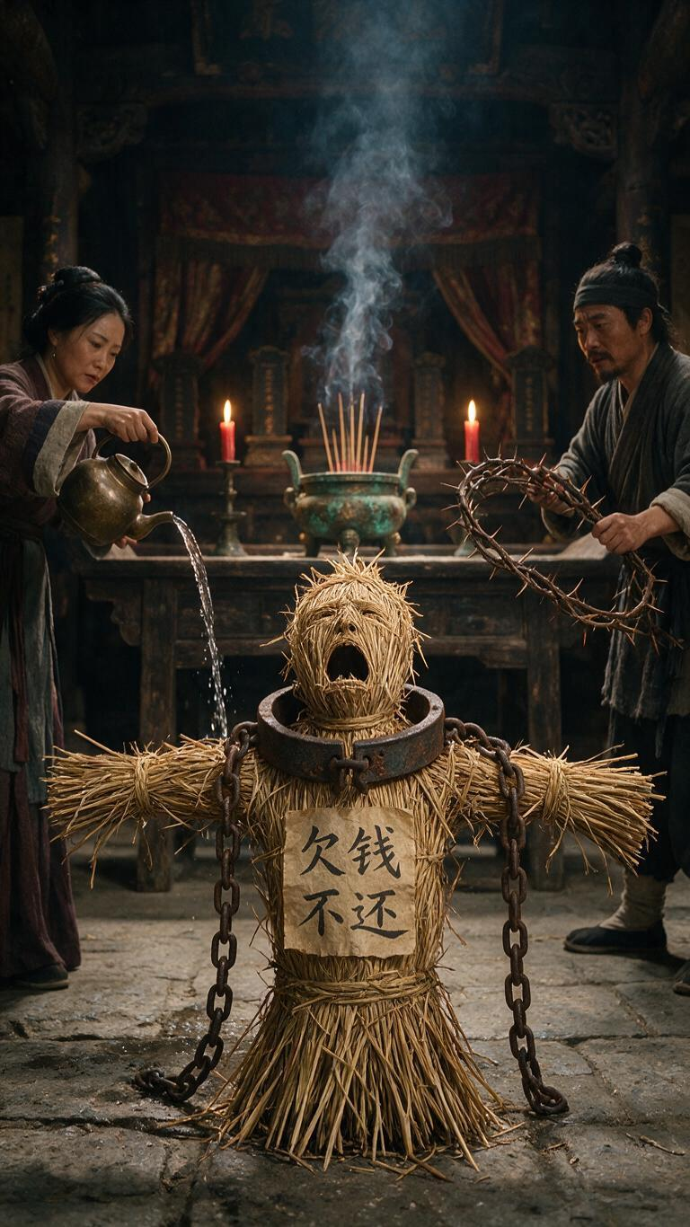 9:16竖屏，影视写实古风，祠堂昏暗烛光，戴枷锁铁链的稻草人，胸口贴黄纸写欠钱不还，痛苦大张嘴，左边古装妇人拿铜壶倒水，右边古装男子手持荆棘藤条，后方供桌红烛香炉，香烟缭绕，暗调电影光影，8k高清，真实材质细节 卡通，… - AI提示词参考图，来自西西提示词