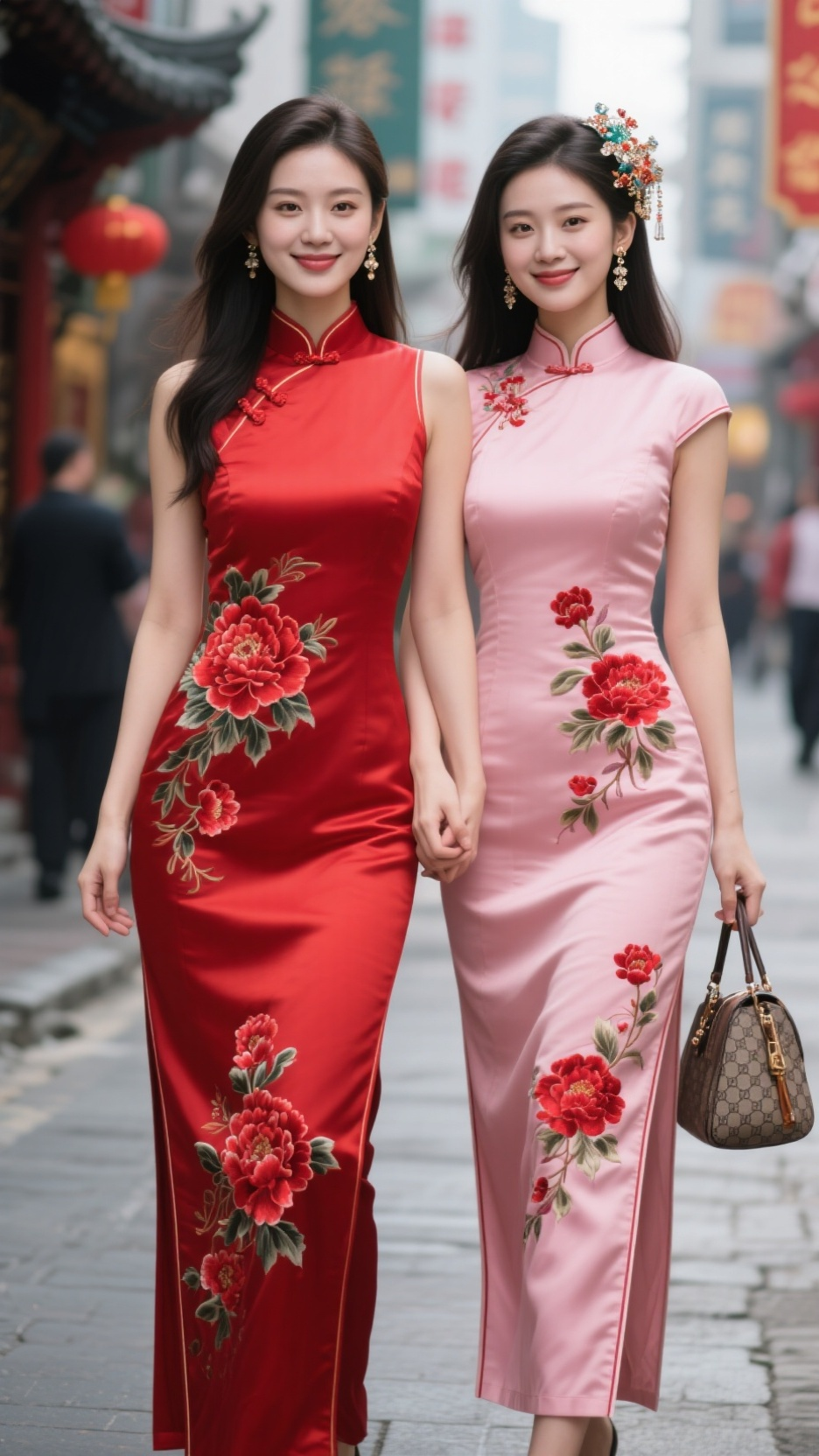 中国两个25岁绝色美人,中长发,胸形饱满,紧身旗袍,一穿红色,另穿粉色,旗袍都带红牡丹花刺绣图案,皮肤白,精致妆容,耳坠,眼神妩媚明亮,略带微笑,头发带装饰品,街上,手里拿包包,两人挽手,大师级别作品,高清,超高清,正… - AI提示词参考图,来自西西提示词