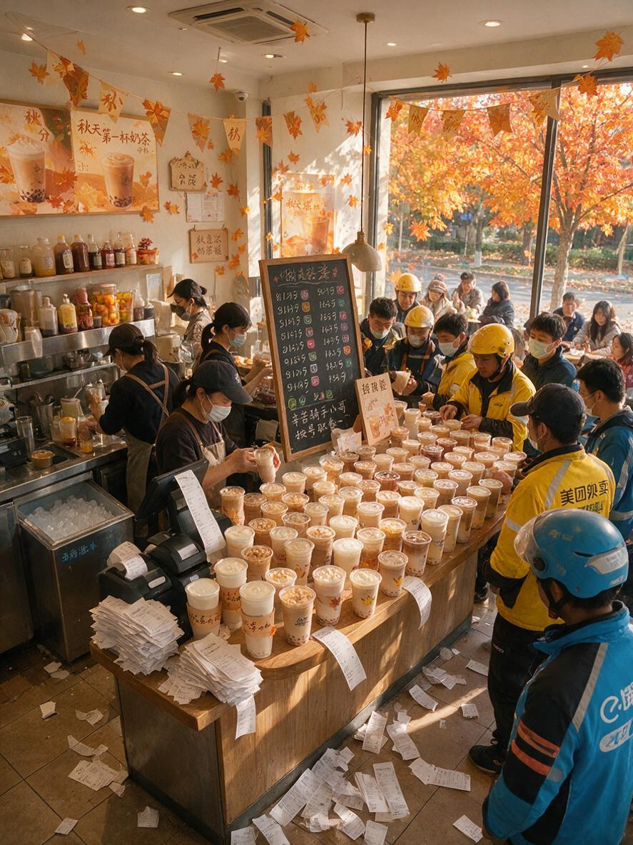 生成一个秋天第一杯奶茶的的场景，奶茶店里店员忙的不可开交，小票落了一地，同时奶茶店里挤满了外卖员等着取餐 - AI提示词参考图，来自西西提示词