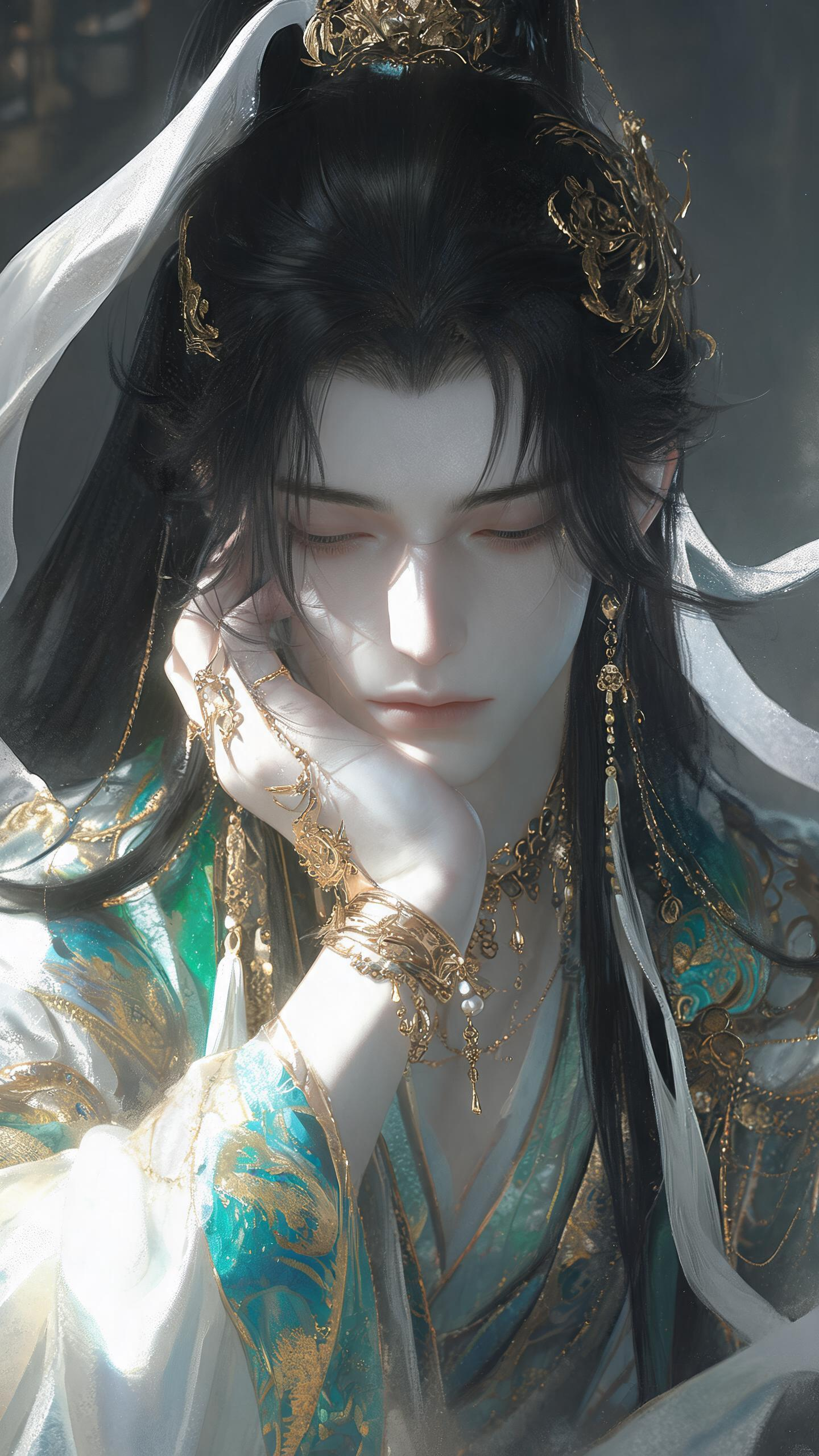 胶片摄影，对焦模糊，灰色强侧光，绿色蓝色金色，高曝，过曝，暗调，伦勃朗光，强烈明暗对比，高反差， 古风美男，敦煌服装，飘逸，飘逸的服装，发饰，发带，臂钏，手镯，璎珞流苏，黄金比例的五官，绝世美男，立体的五官 肌理质感，… - AI提示词参考图，来自西西提示词