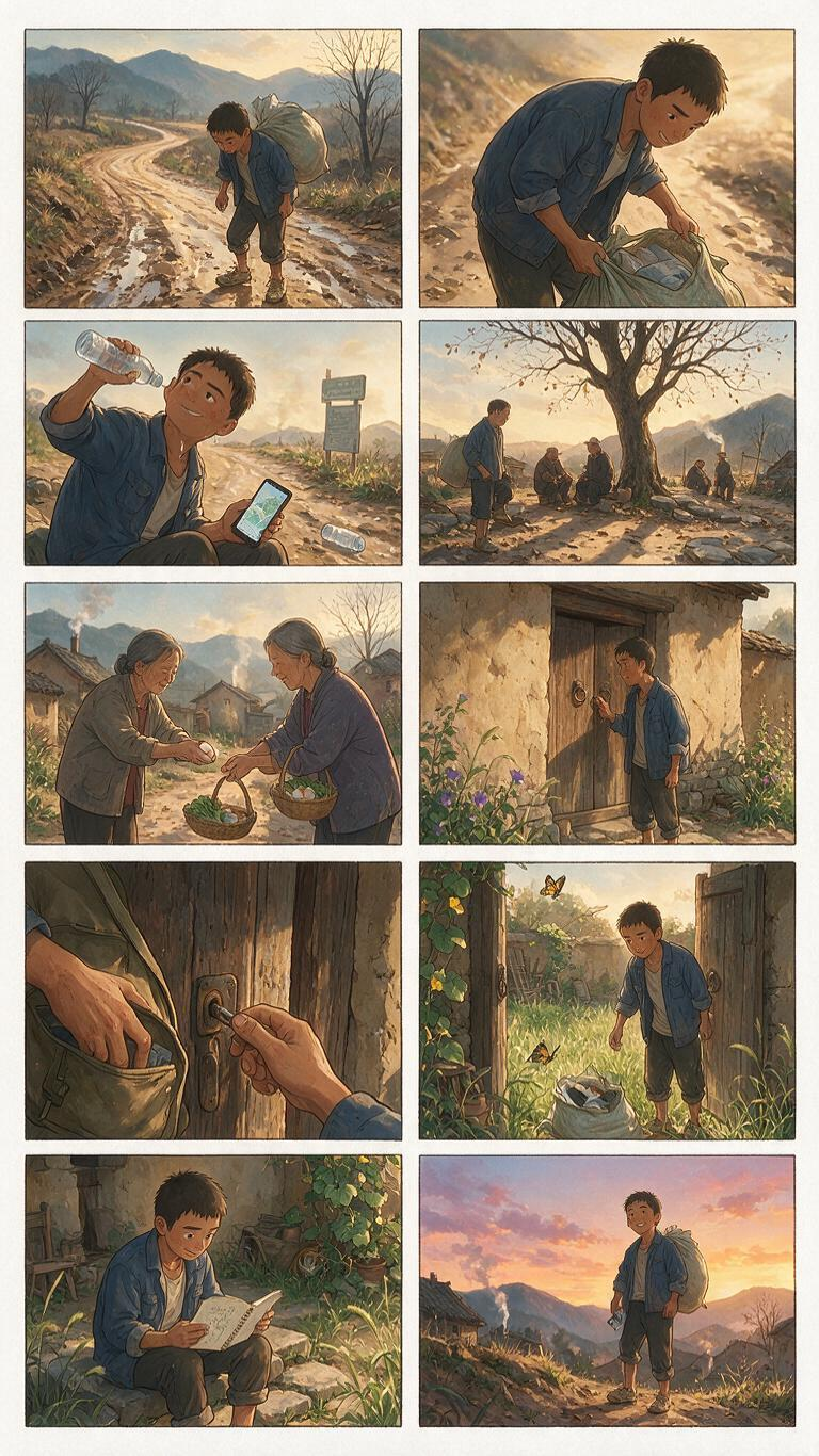 80个画面分镜 · 吉卜力动画风格 ------ 主角设定（全局一致） 姓名：阿远（24岁） 外貌：瘦削但结实，皮肤偏黑，寸头，眉毛浓密，眼睛不大但有神，嘴角微微上扬时带着倔强。身高约172cm，骨架偏小。 服装：开头… - AI提示词参考图，来自西西提示词
